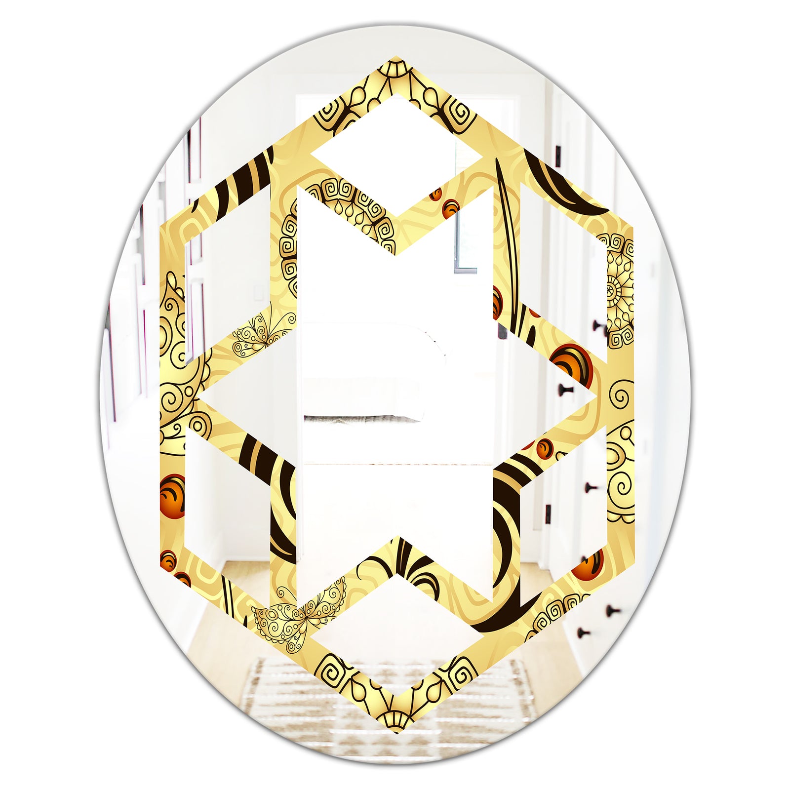Golden Luxury Pattern I - Modern Round or Oval Wall Mirror - Hexagon Star