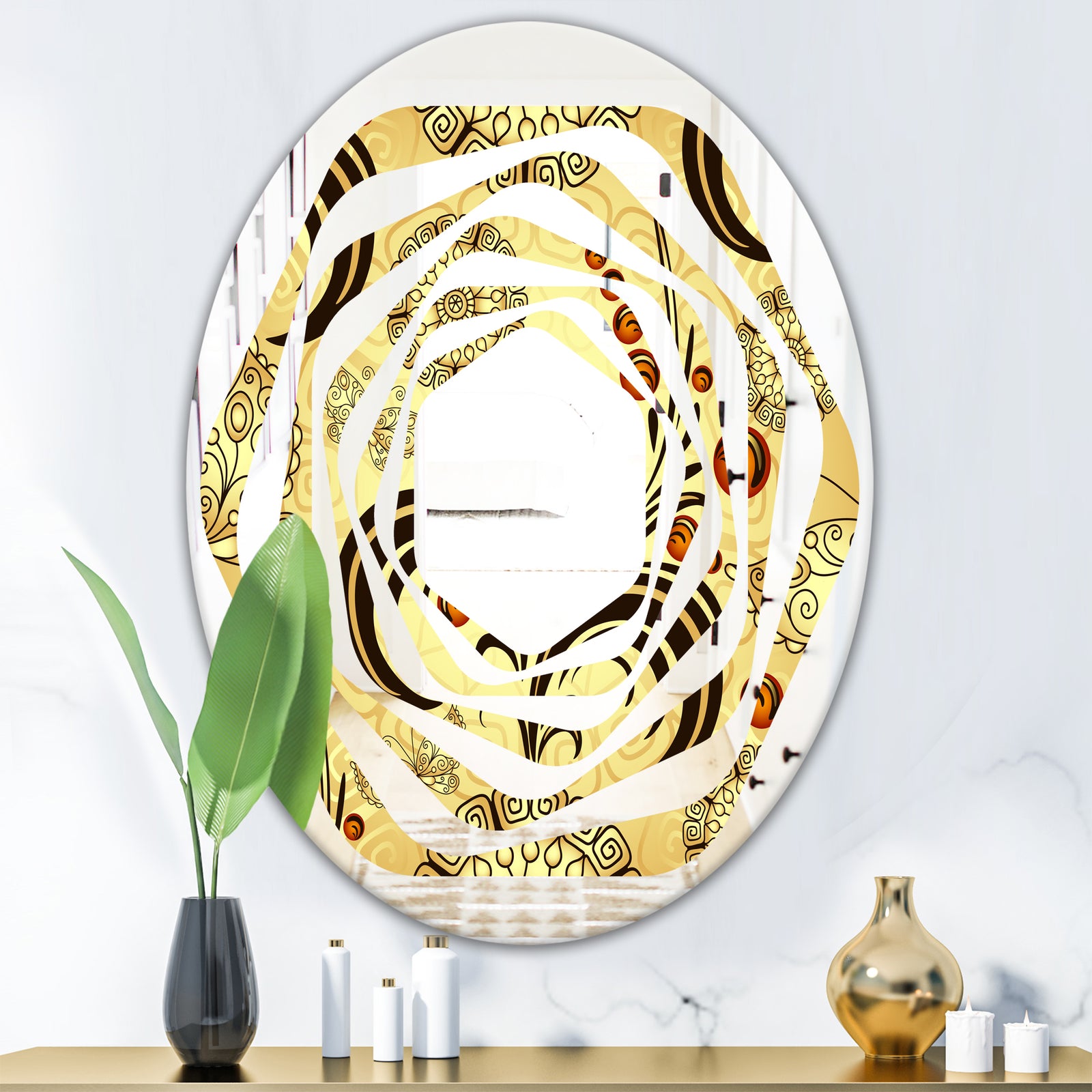 Golden Luxury Pattern I - Modern Round or Oval Wall Mirror - Whirl