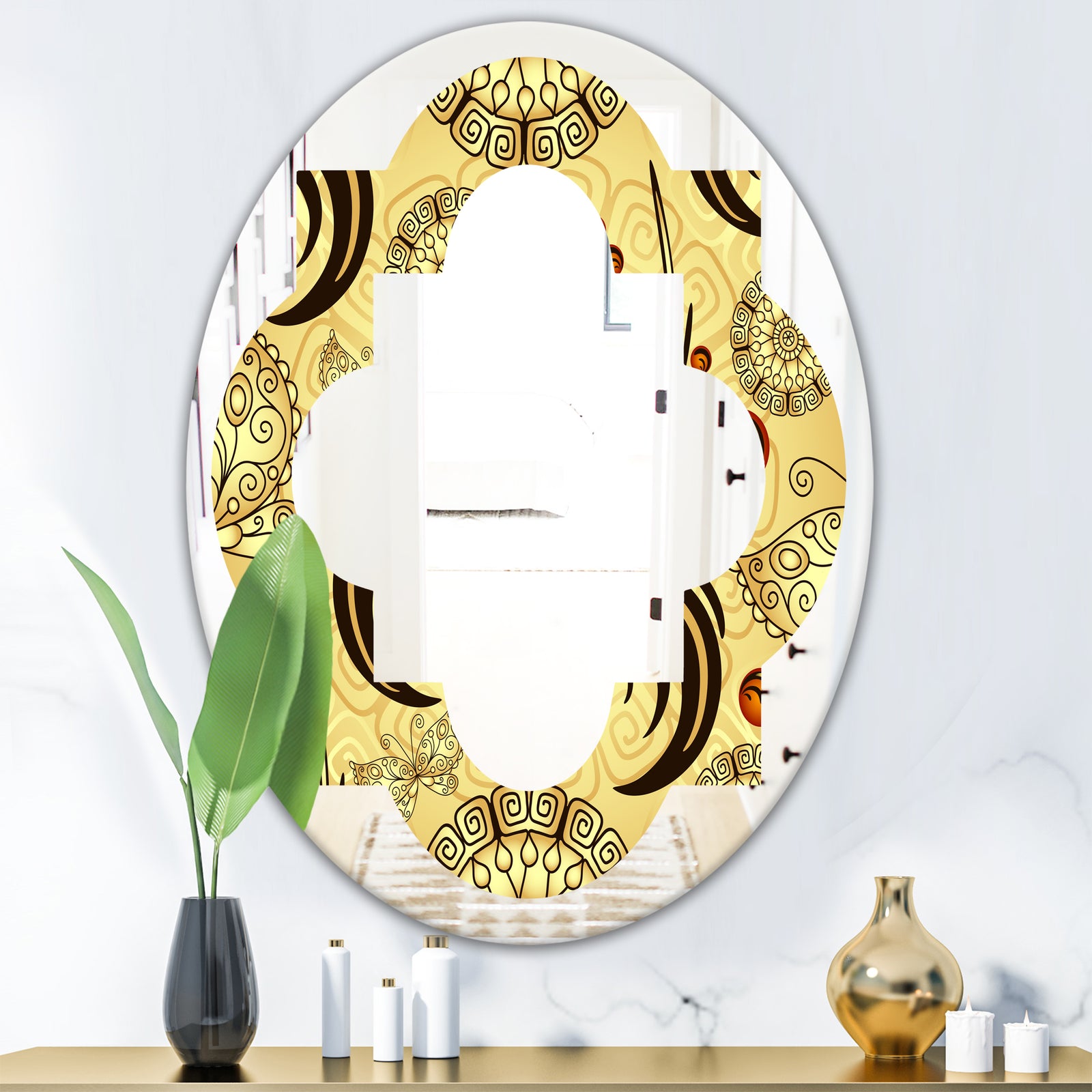 Golden Luxury Pattern I - Modern Round or Oval Wall Mirror - Quatrefoil