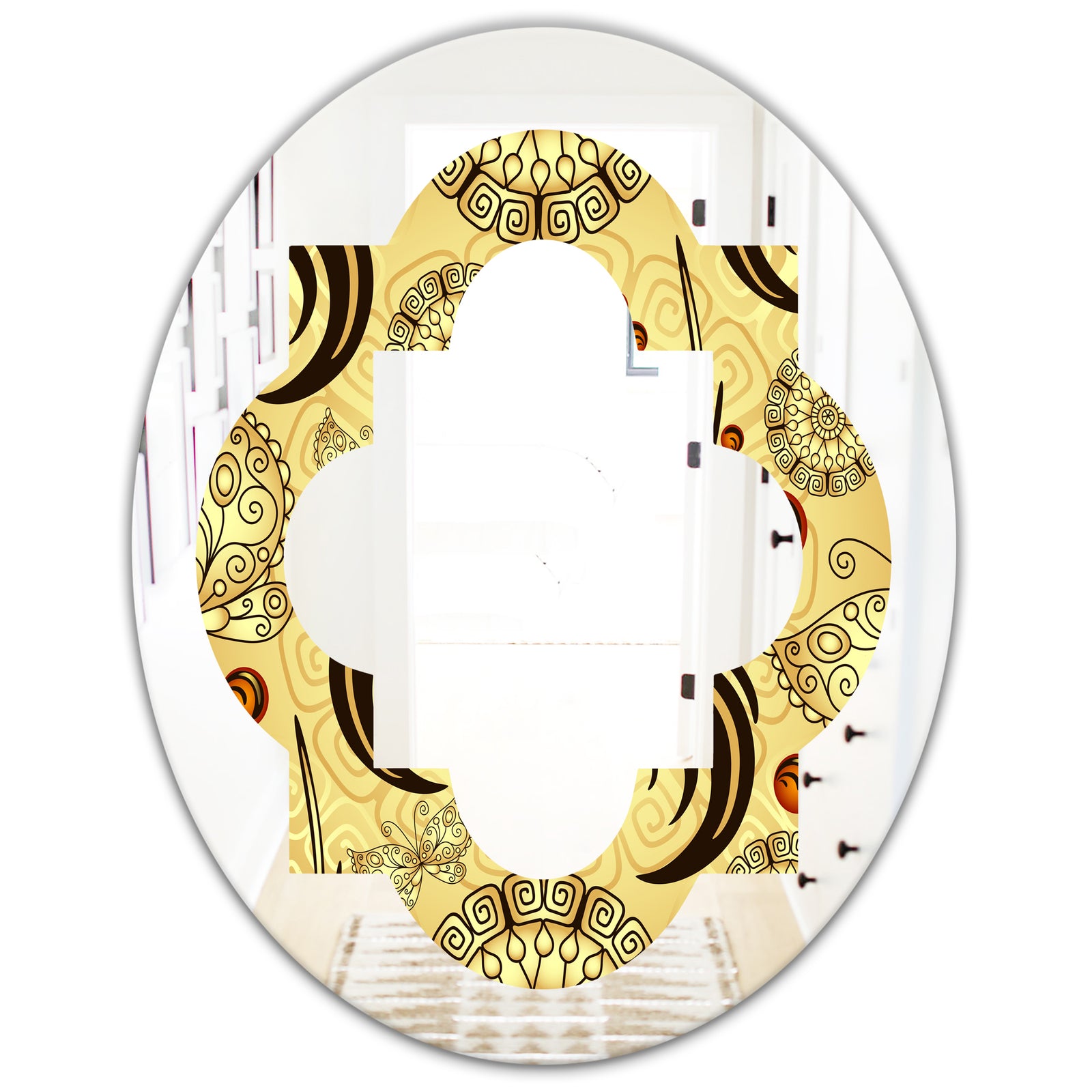 Golden Luxury Pattern I - Modern Round or Oval Wall Mirror - Quatrefoil