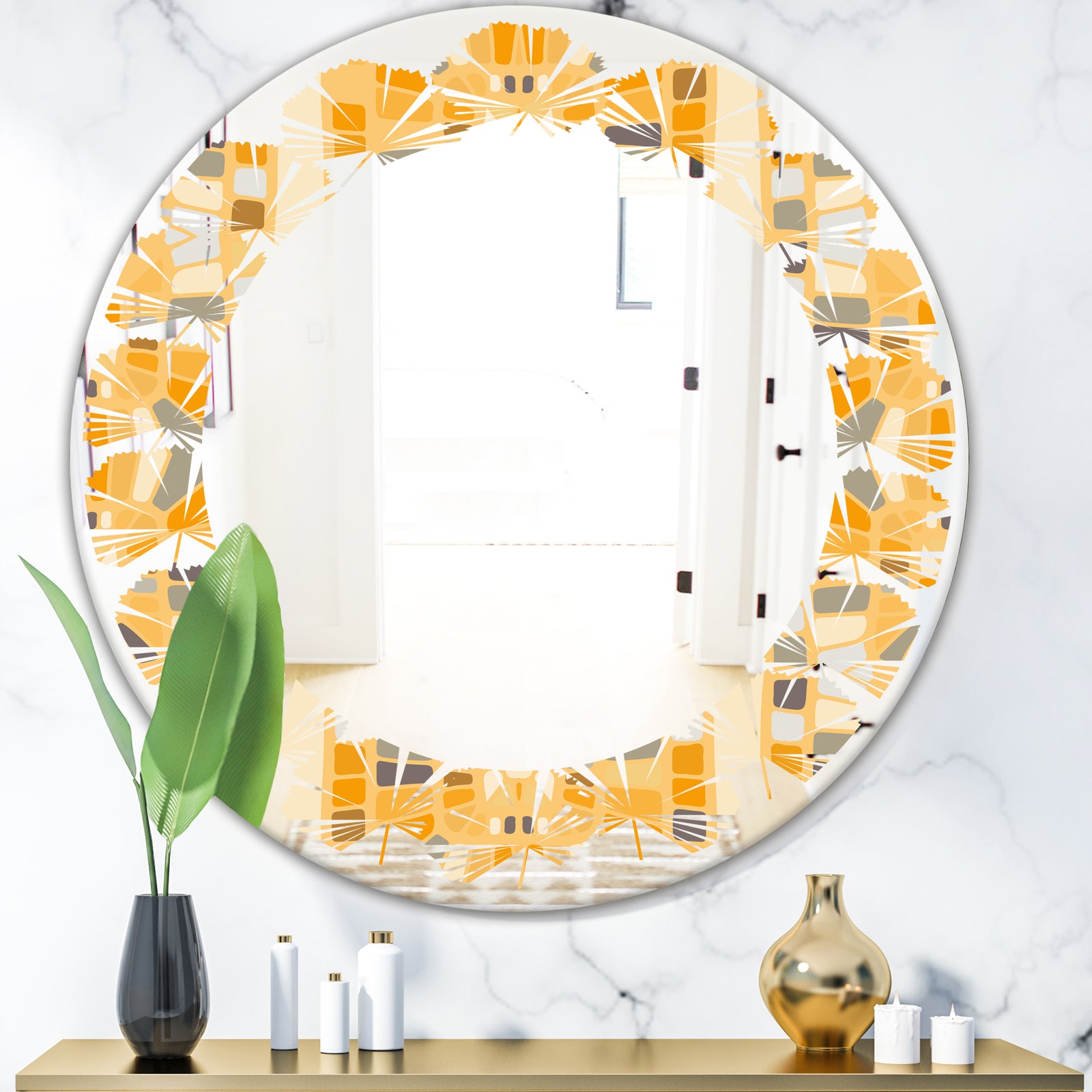 Retro Geometrical Abstract II - Modern Round or Oval Wall Mirror - Leaves