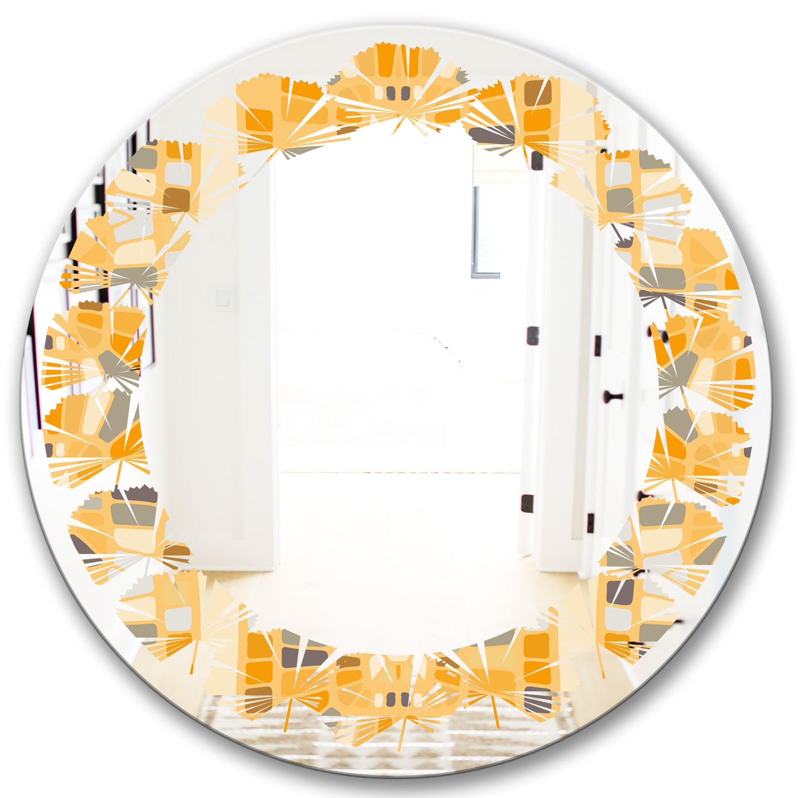 Retro Geometrical Abstract II - Modern Round or Oval Wall Mirror - Leaves