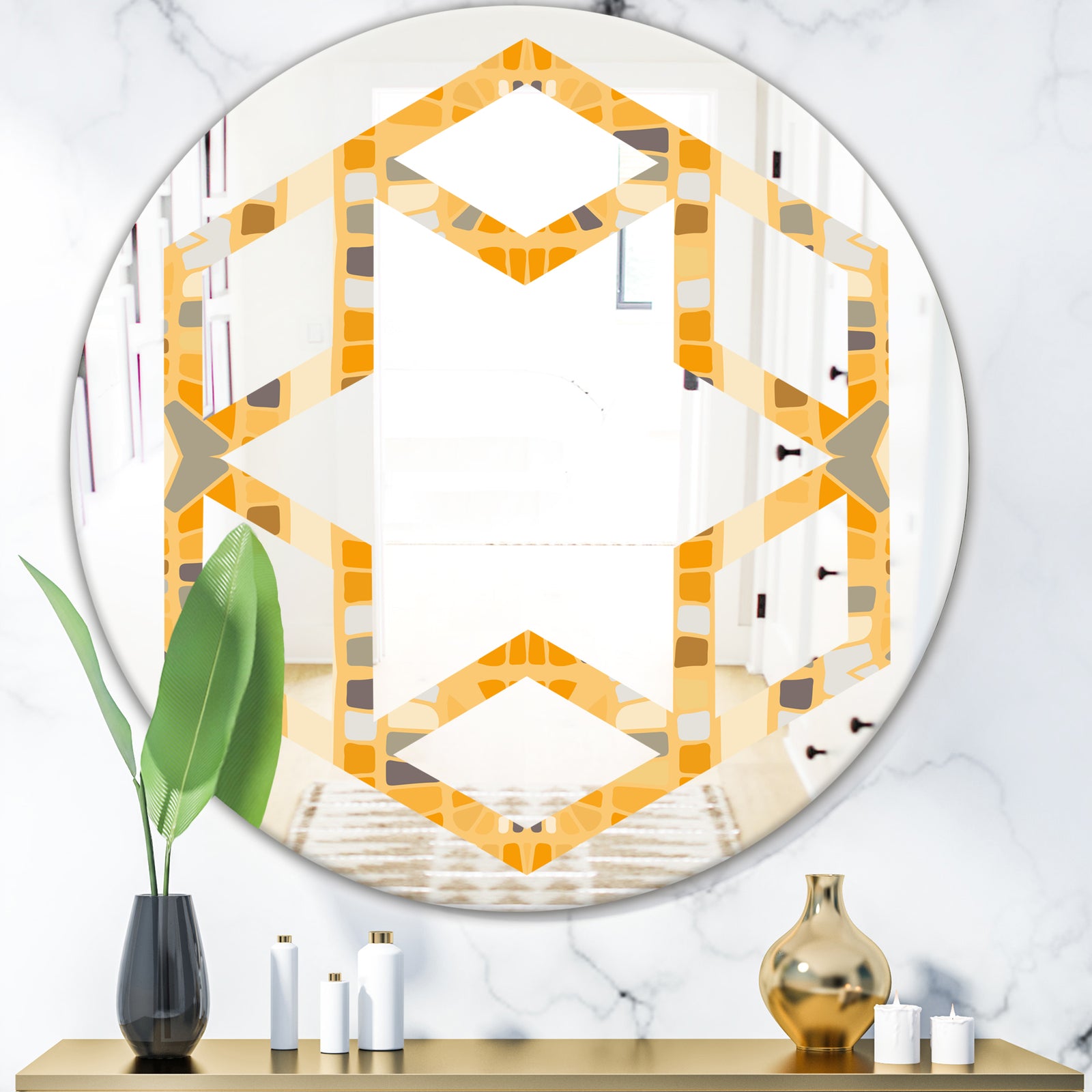 Retro Geometrical Abstract II - Modern Round or Oval Wall Mirror - Hexagon Star