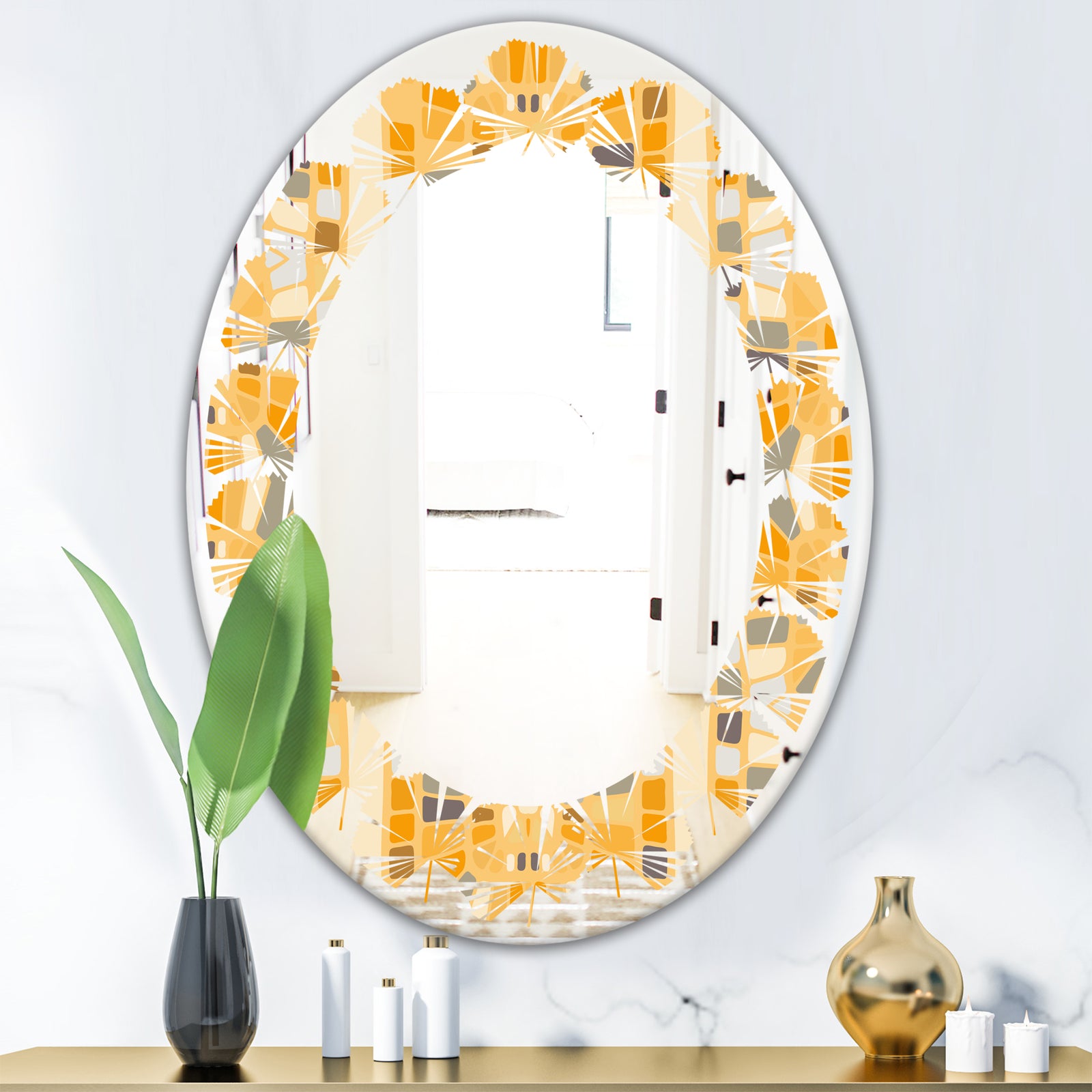 Retro Geometrical Abstract II - Modern Round or Oval Wall Mirror - Leaves