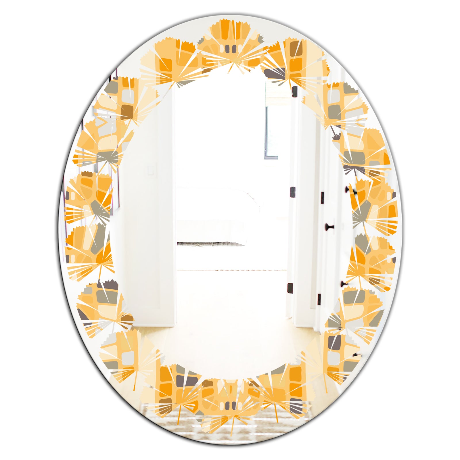 Retro Geometrical Abstract II - Modern Round or Oval Wall Mirror - Leaves