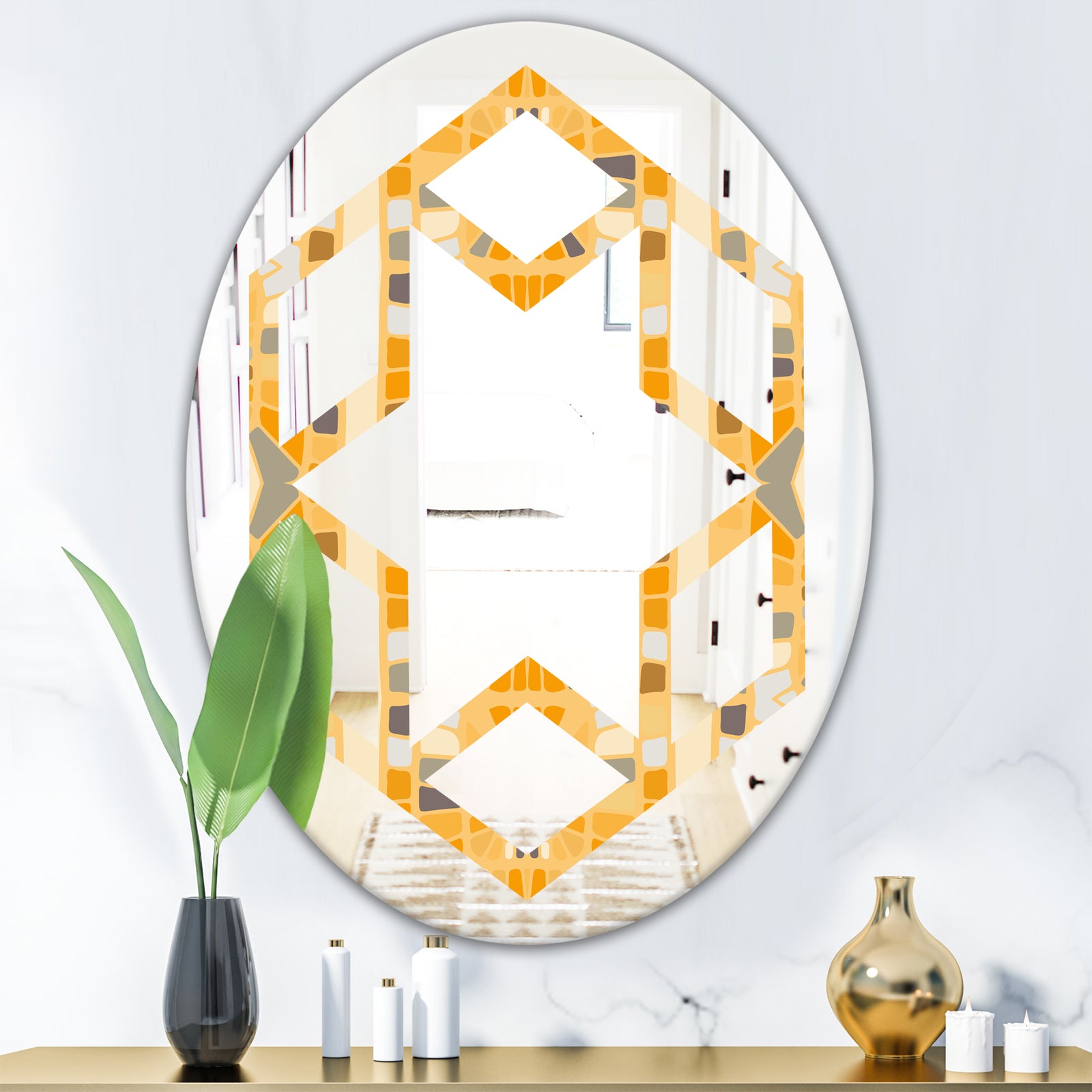 Retro Geometrical Abstract II - Modern Round or Oval Wall Mirror - Hexagon Star