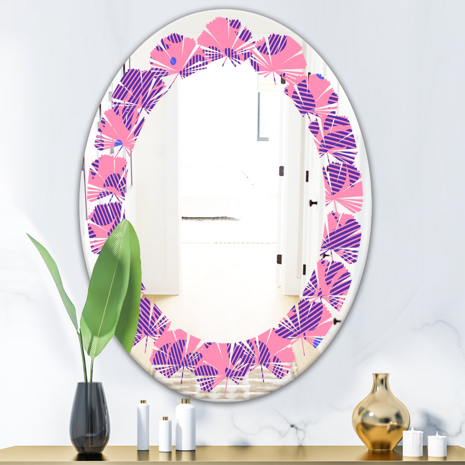 Tropical Palm Leaves IV - Modern Round or Oval Wall Mirror - Leaves