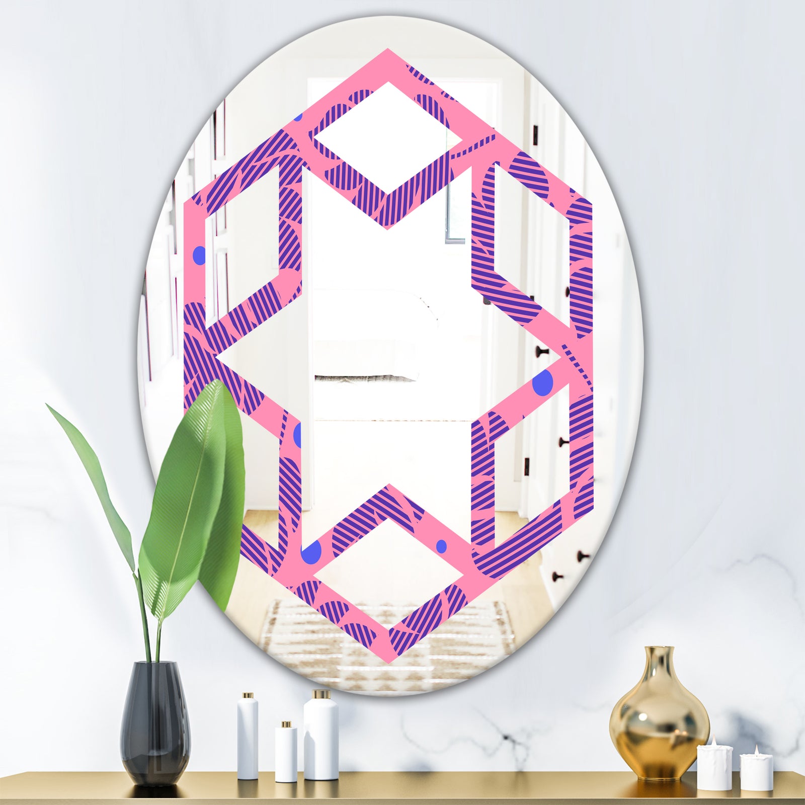 Tropical Palm Leaves IV - Modern Round or Oval Wall Mirror - Hexagon Star