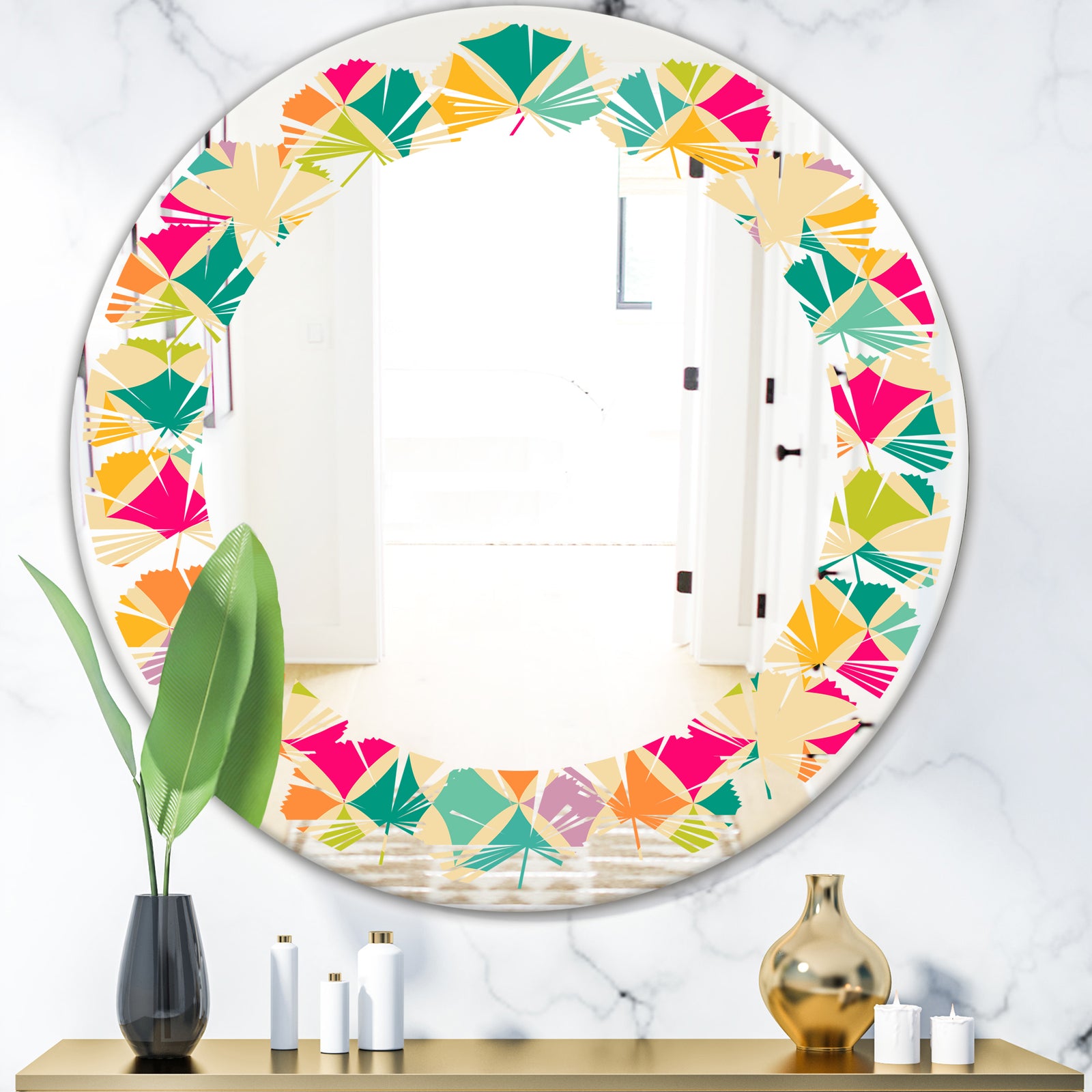 Abstract Retro Geometric Pattern III - Modern Round or Oval Wall Mirror - Leaves