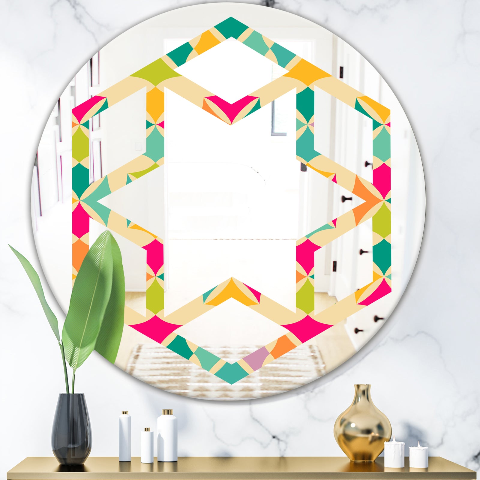Abstract Retro Geometric Pattern III - Modern Round or Oval Wall Mirror - Hexagon Star