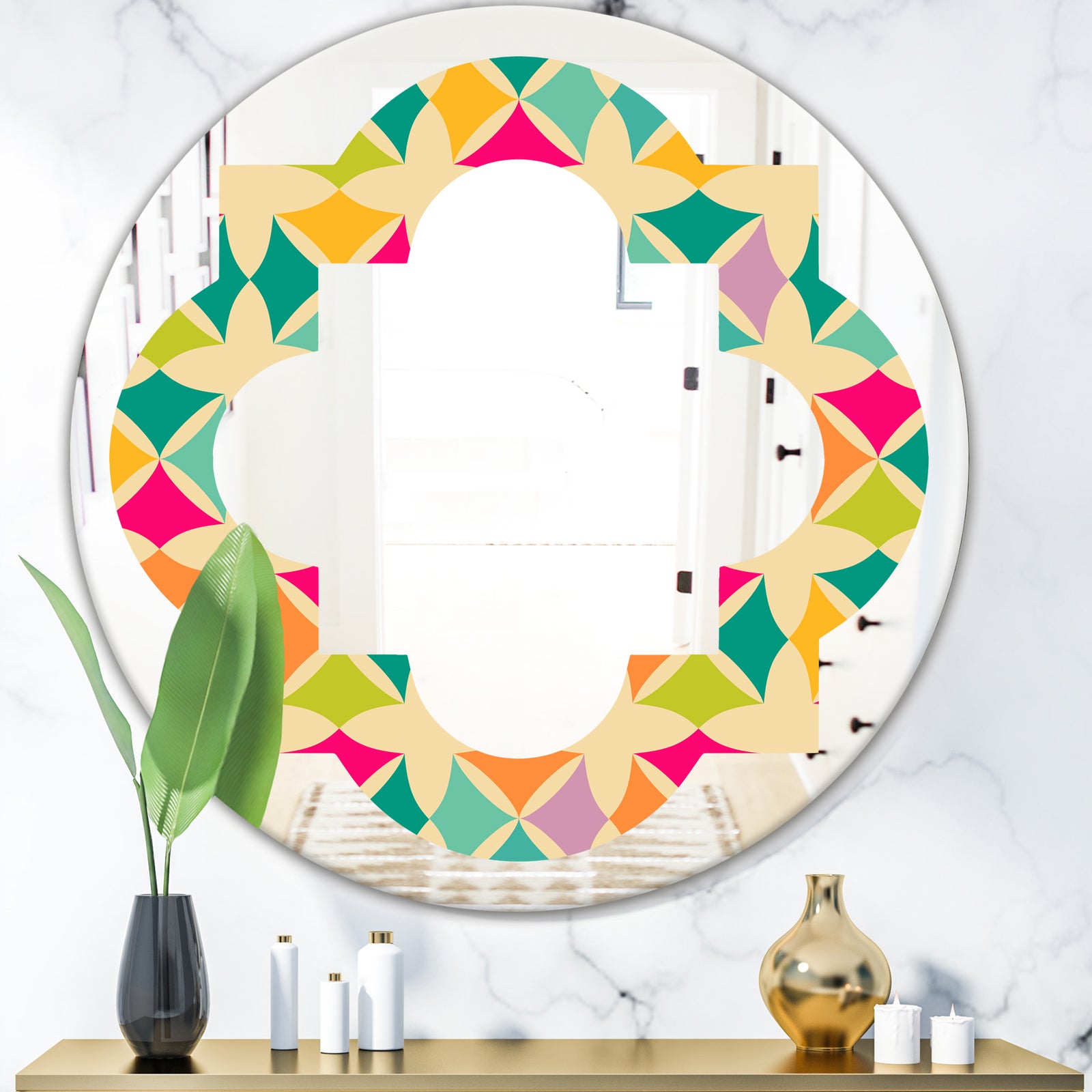 Abstract Retro Geometric Pattern III - Modern Round or Oval Wall Mirror - Quatrefoil