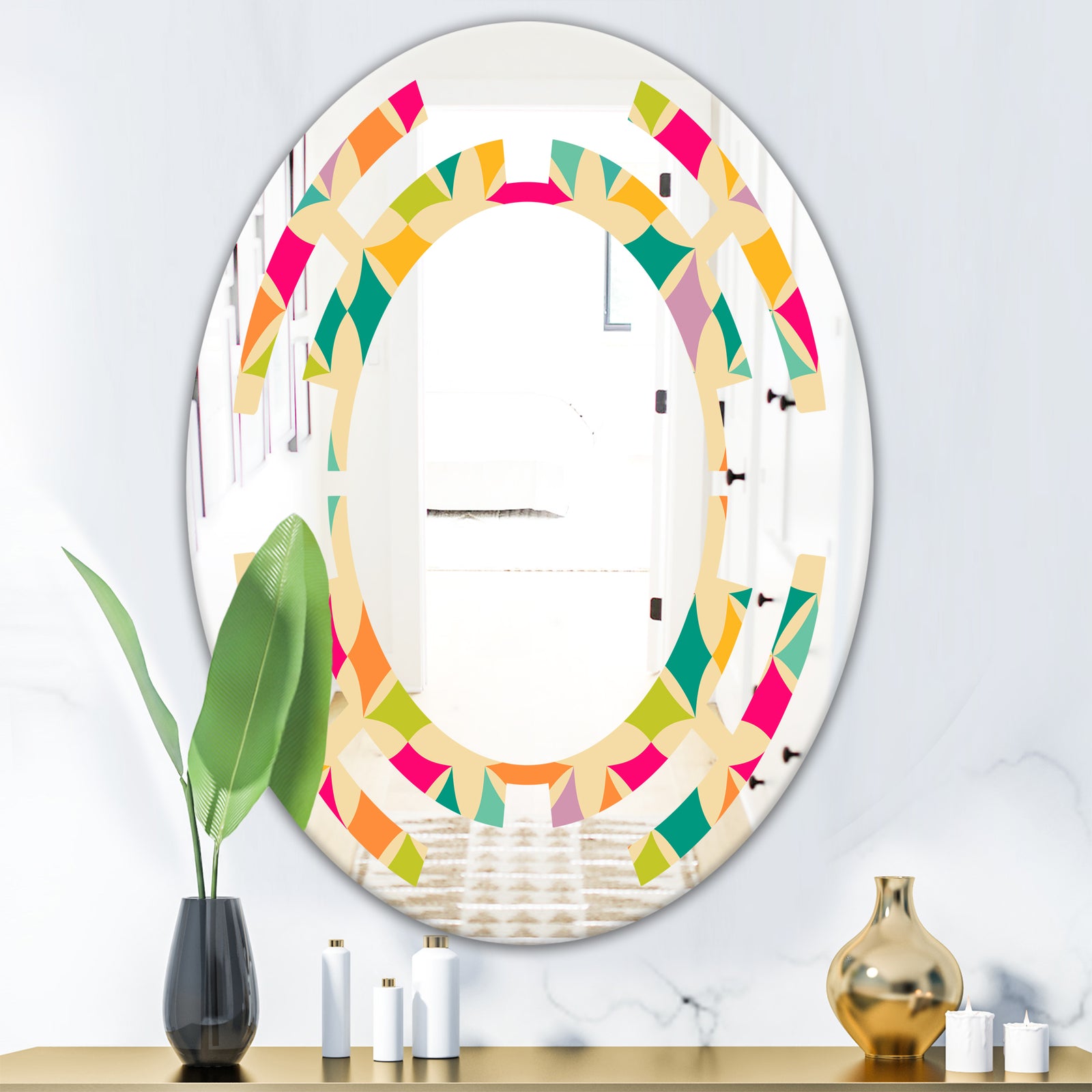 Abstract Retro Geometric Pattern III - Modern Round or Oval Wall Mirror - Space