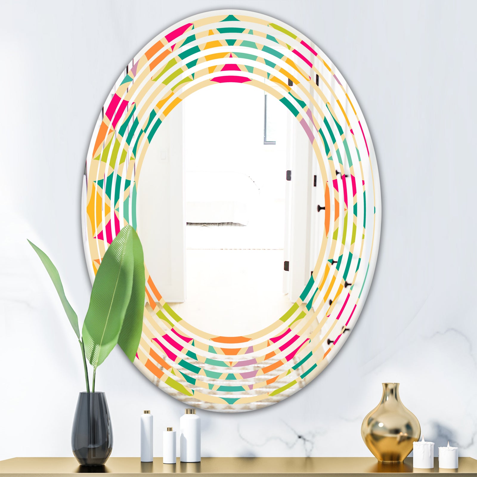 Abstract Retro Geometric Pattern III - Modern Round or Oval Wall Mirror - Wave
