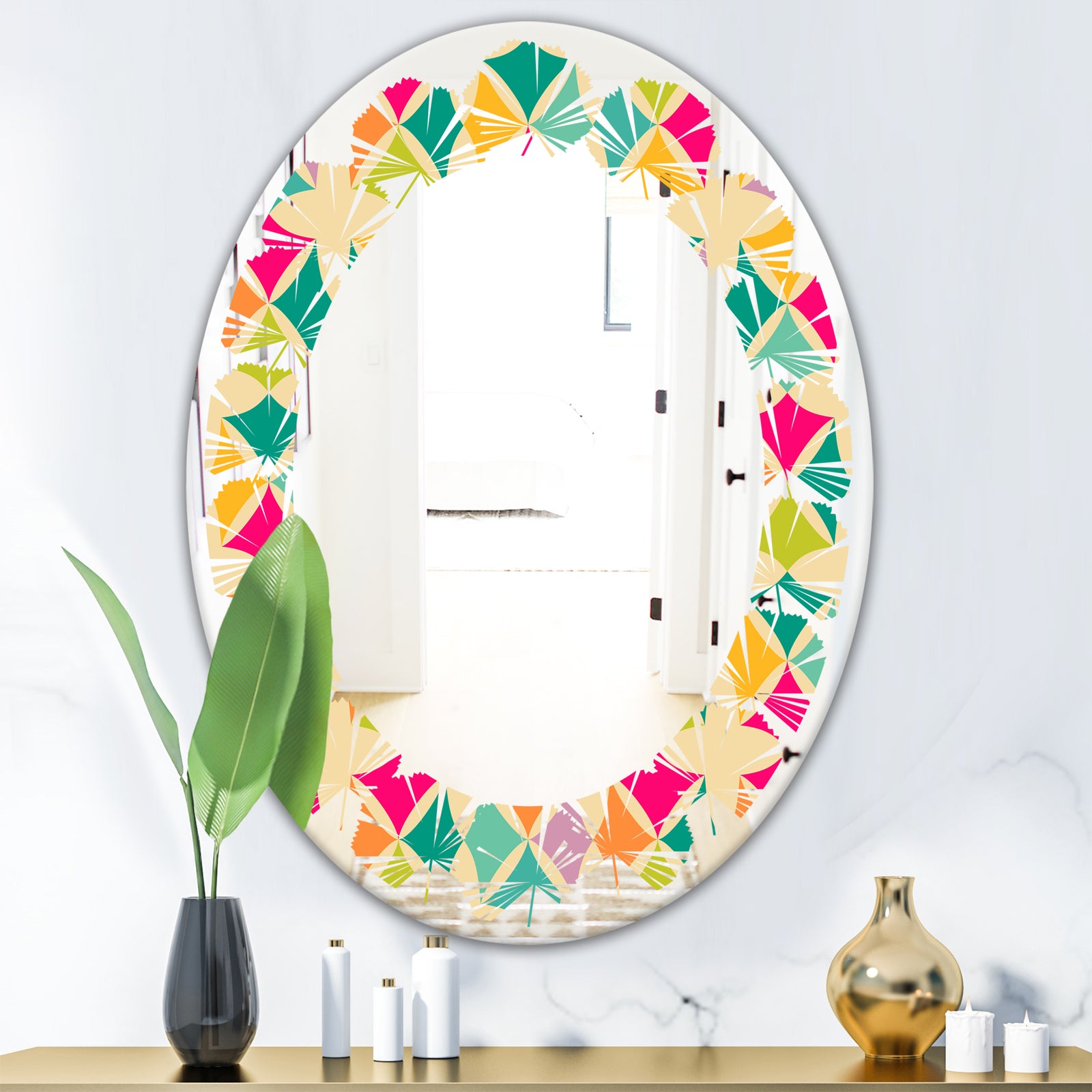 Abstract Retro Geometric Pattern III - Modern Round or Oval Wall Mirror - Leaves