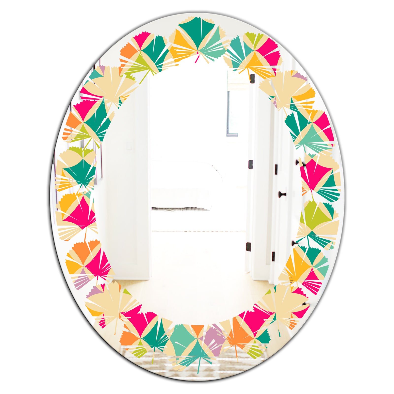 Abstract Retro Geometric Pattern III - Modern Round or Oval Wall Mirror - Leaves