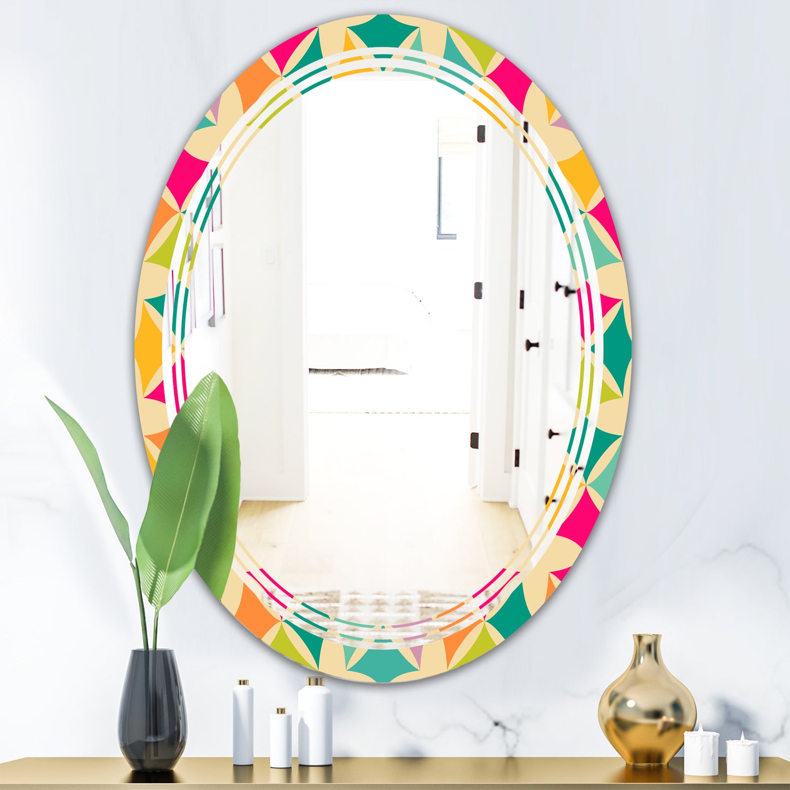 Abstract Retro Geometric Pattern III - Modern Round or Oval Wall Mirror - Triple C