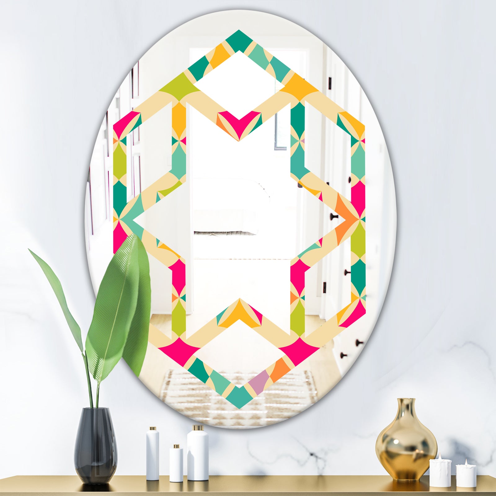 Abstract Retro Geometric Pattern III - Modern Round or Oval Wall Mirror - Hexagon Star