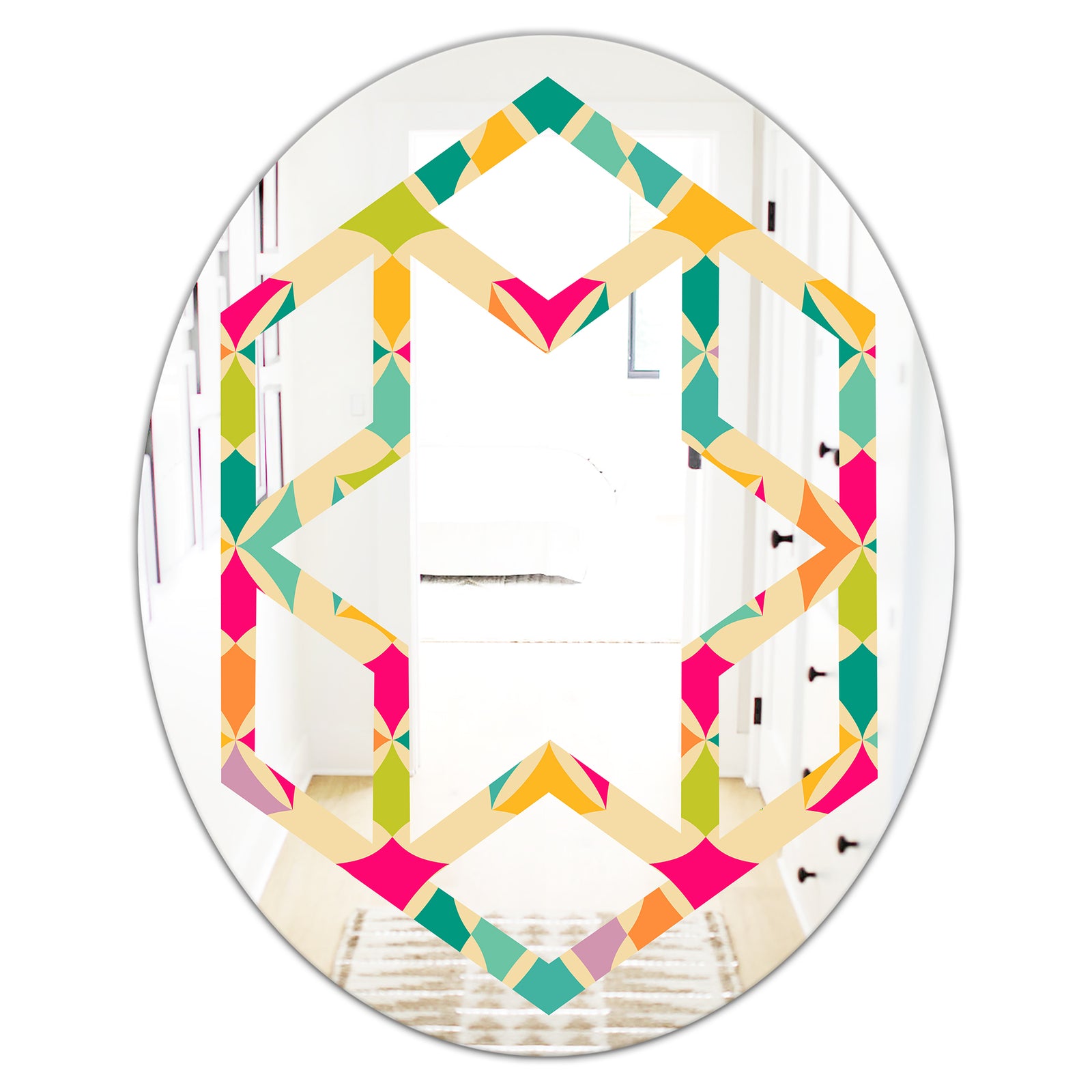Abstract Retro Geometric Pattern III - Modern Round or Oval Wall Mirror - Hexagon Star