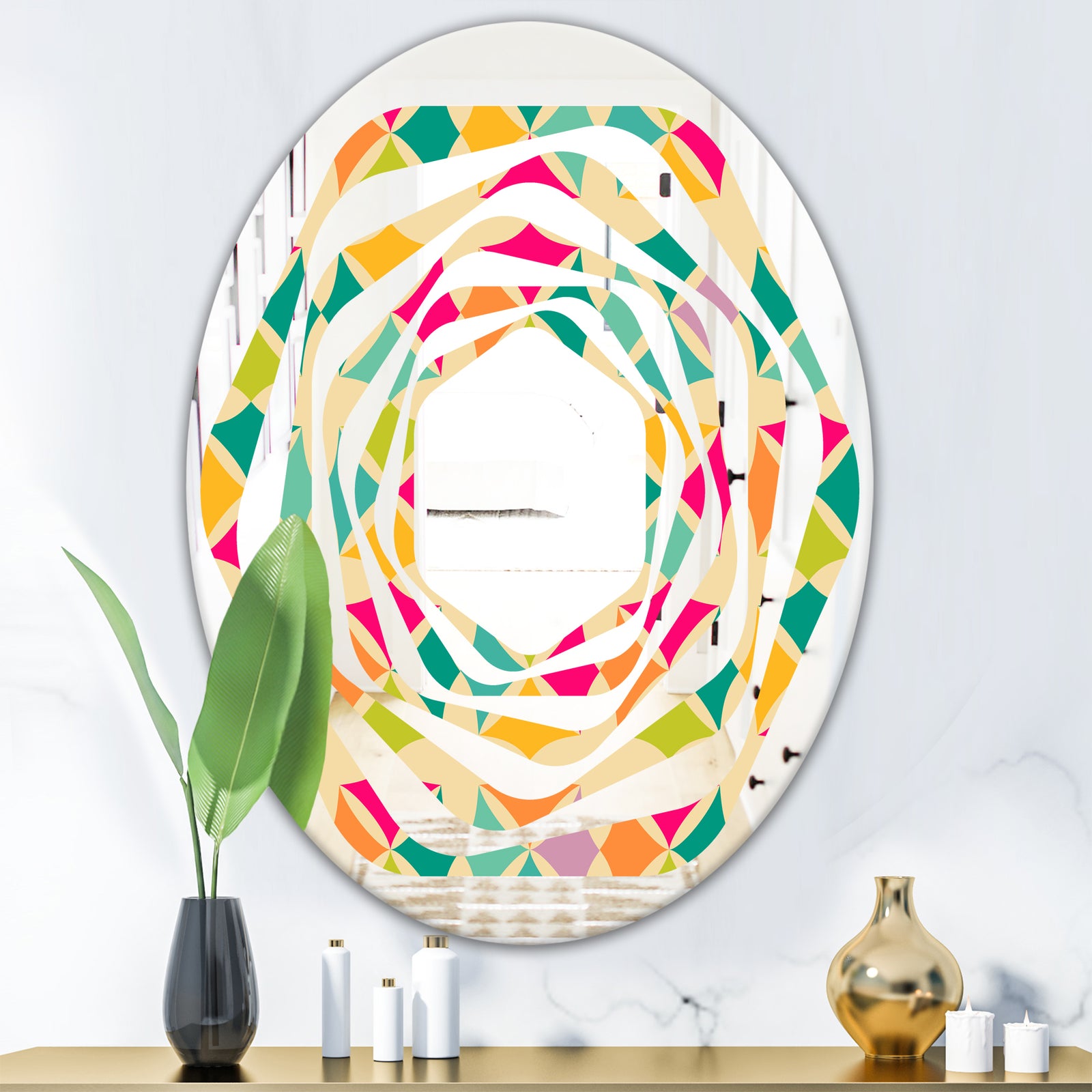 Abstract Retro Geometric Pattern III - Modern Round or Oval Wall Mirror - Whirl