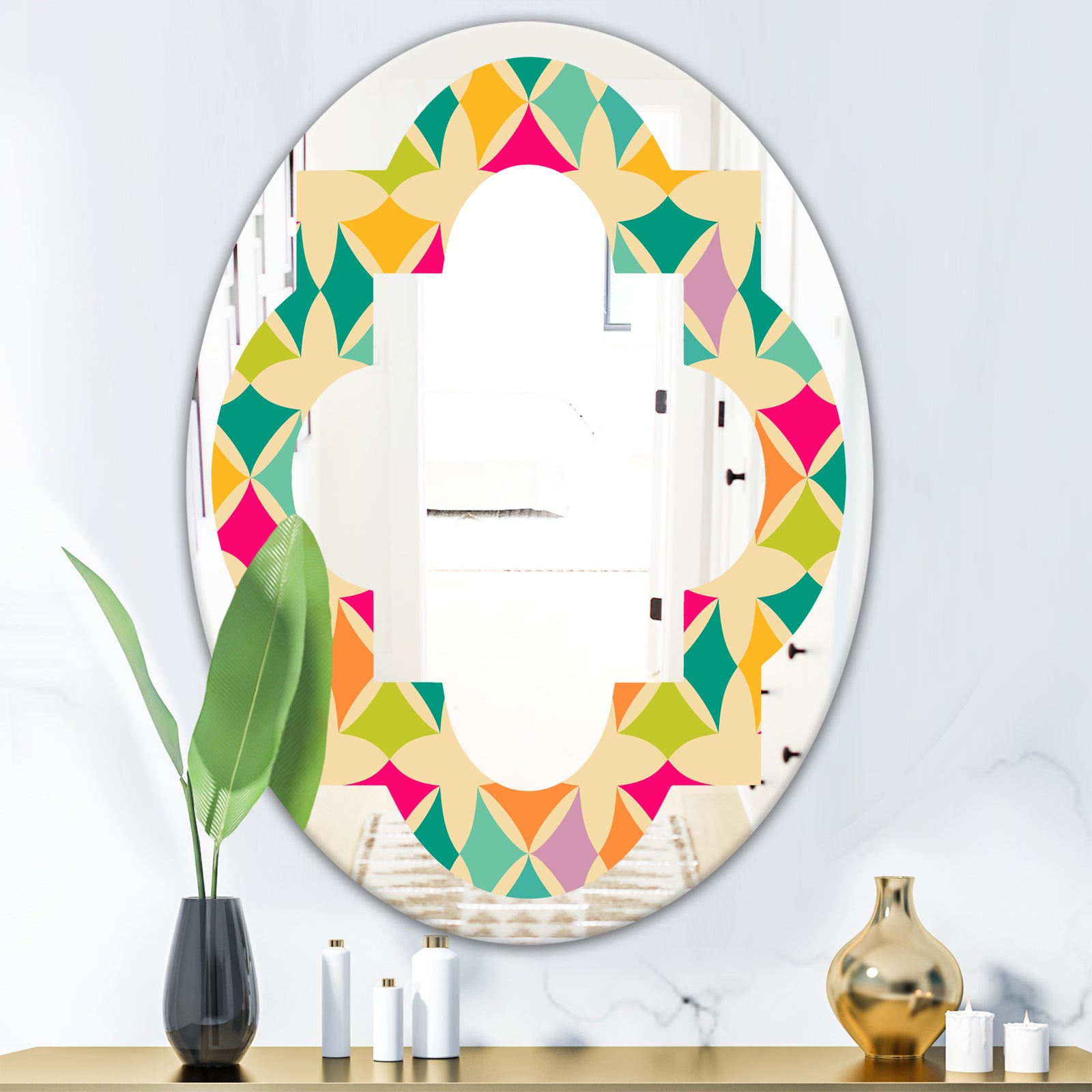 Abstract Retro Geometric Pattern III - Modern Round or Oval Wall Mirror - Quatrefoil
