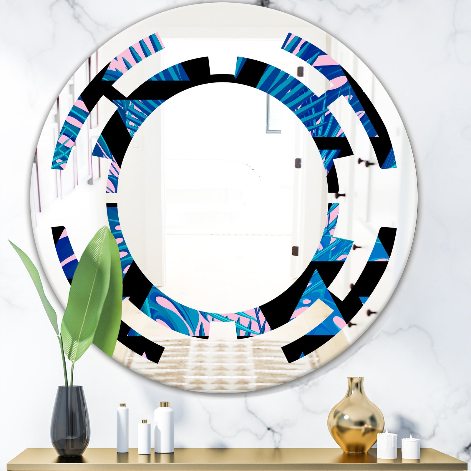 Retro Floral Pattern XIV - Modern Round or Oval Wall Mirror - Space