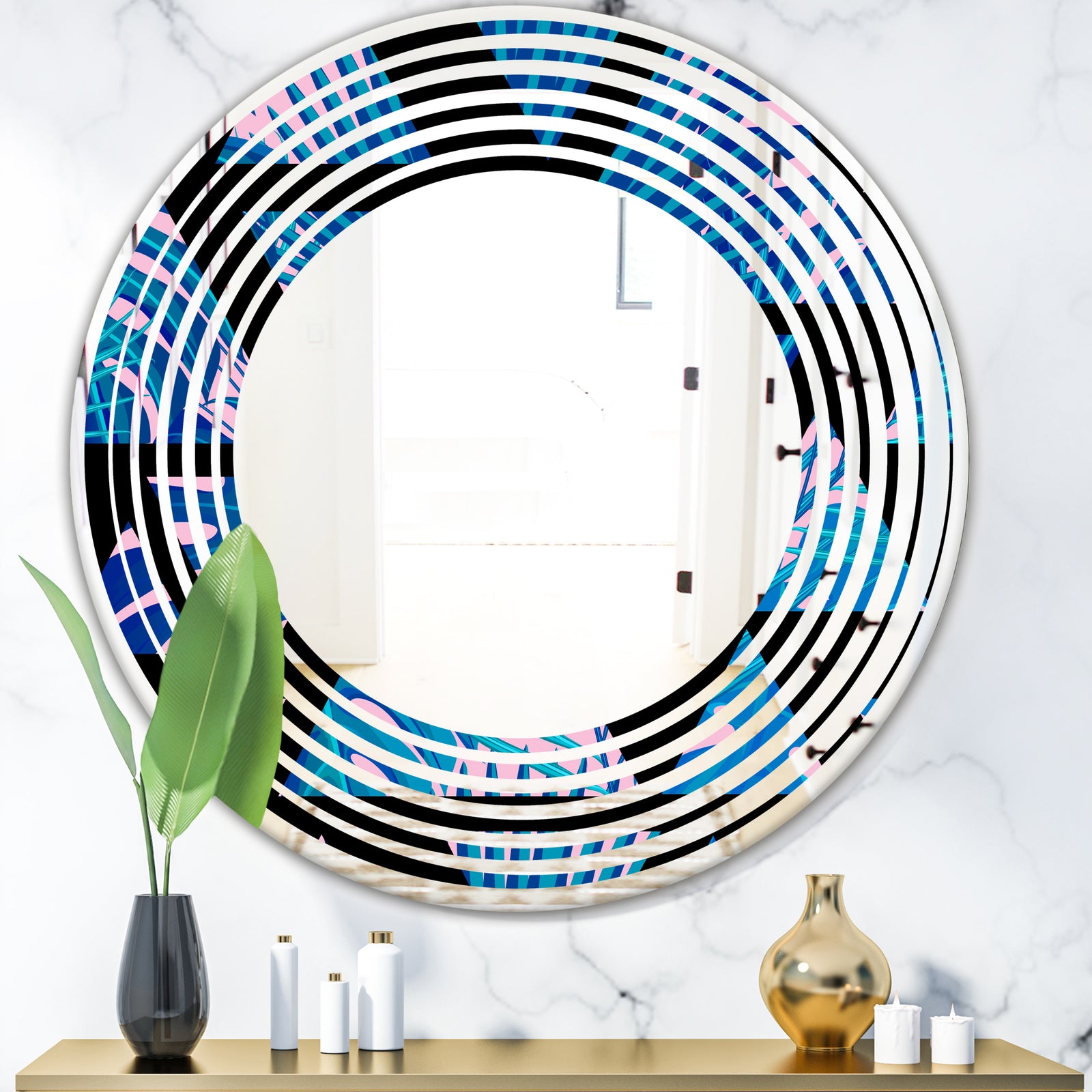 Retro Floral Pattern XIV - Modern Round or Oval Wall Mirror - Wave