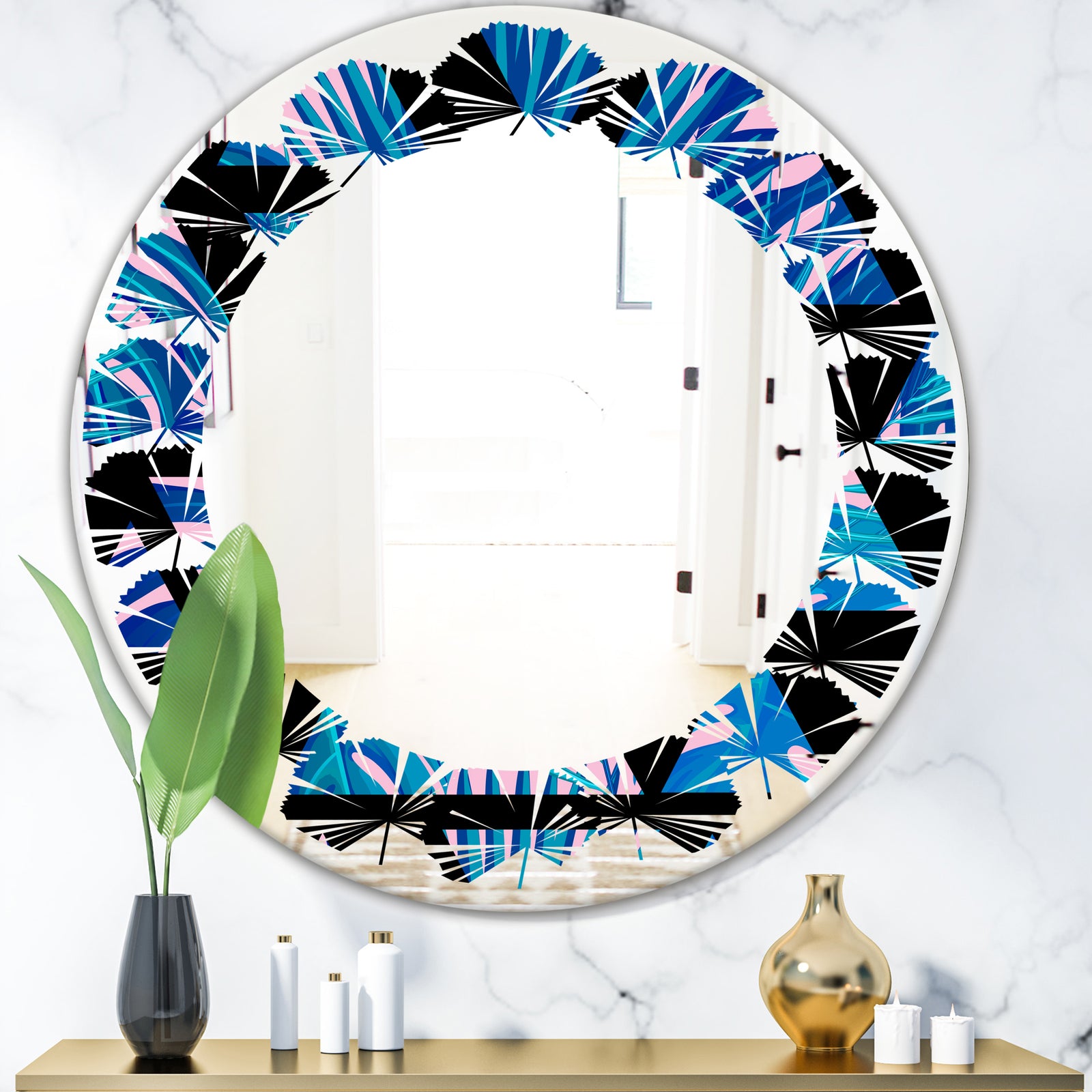 Retro Floral Pattern XIV - Modern Round or Oval Wall Mirror - Leaves