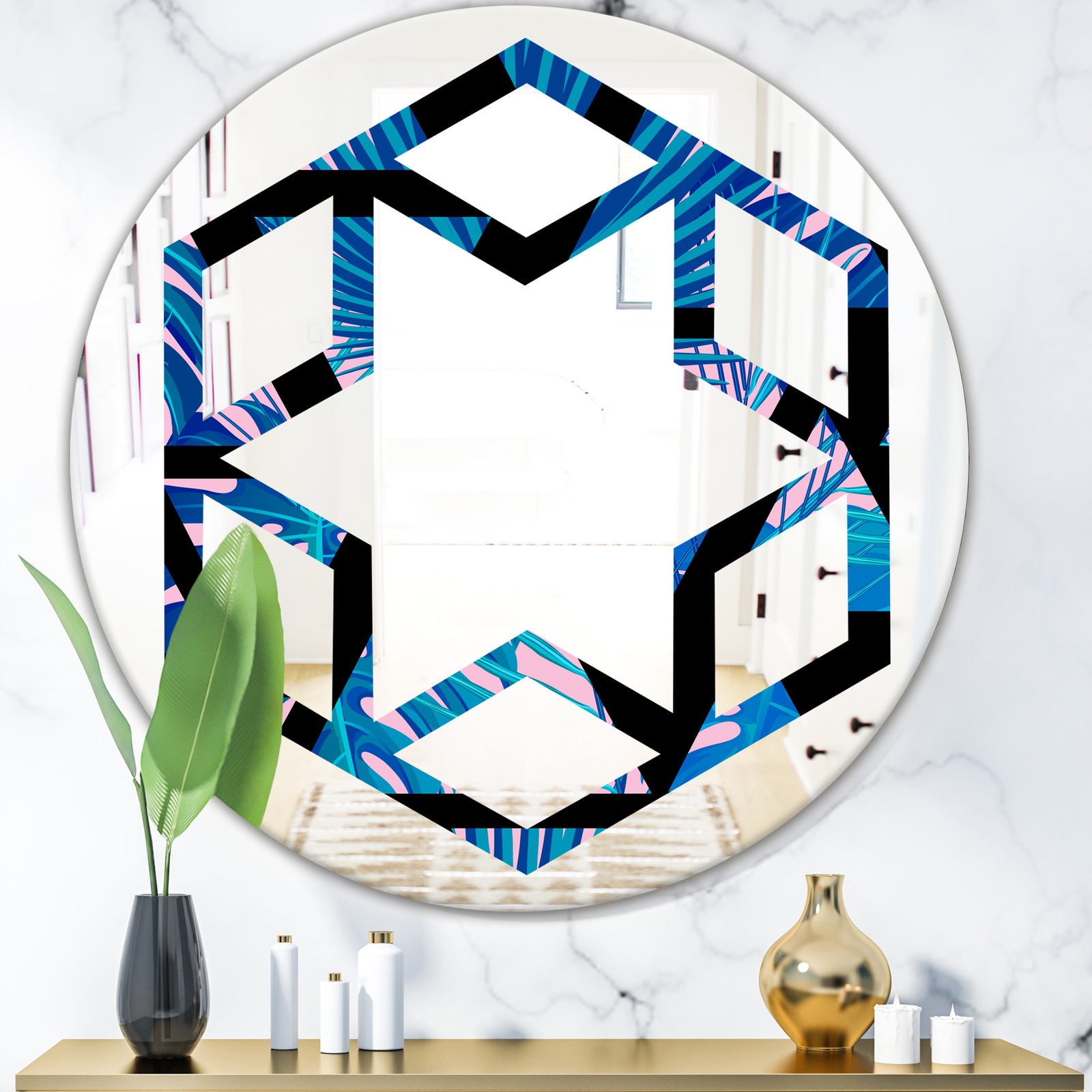 Retro Floral Pattern XIV - Modern Round or Oval Wall Mirror - Hexagon Star