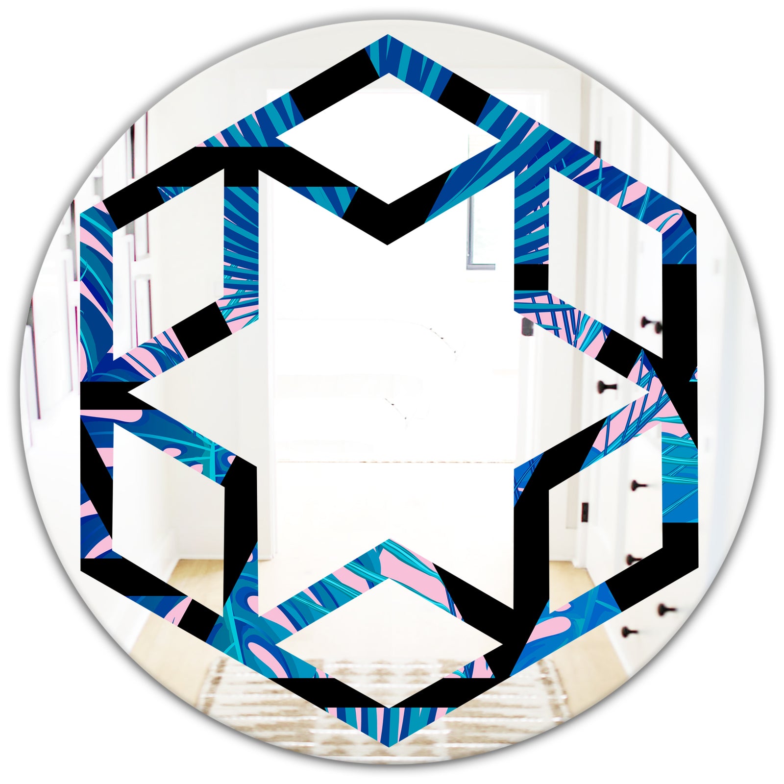 Retro Floral Pattern XIV - Modern Round or Oval Wall Mirror - Hexagon Star