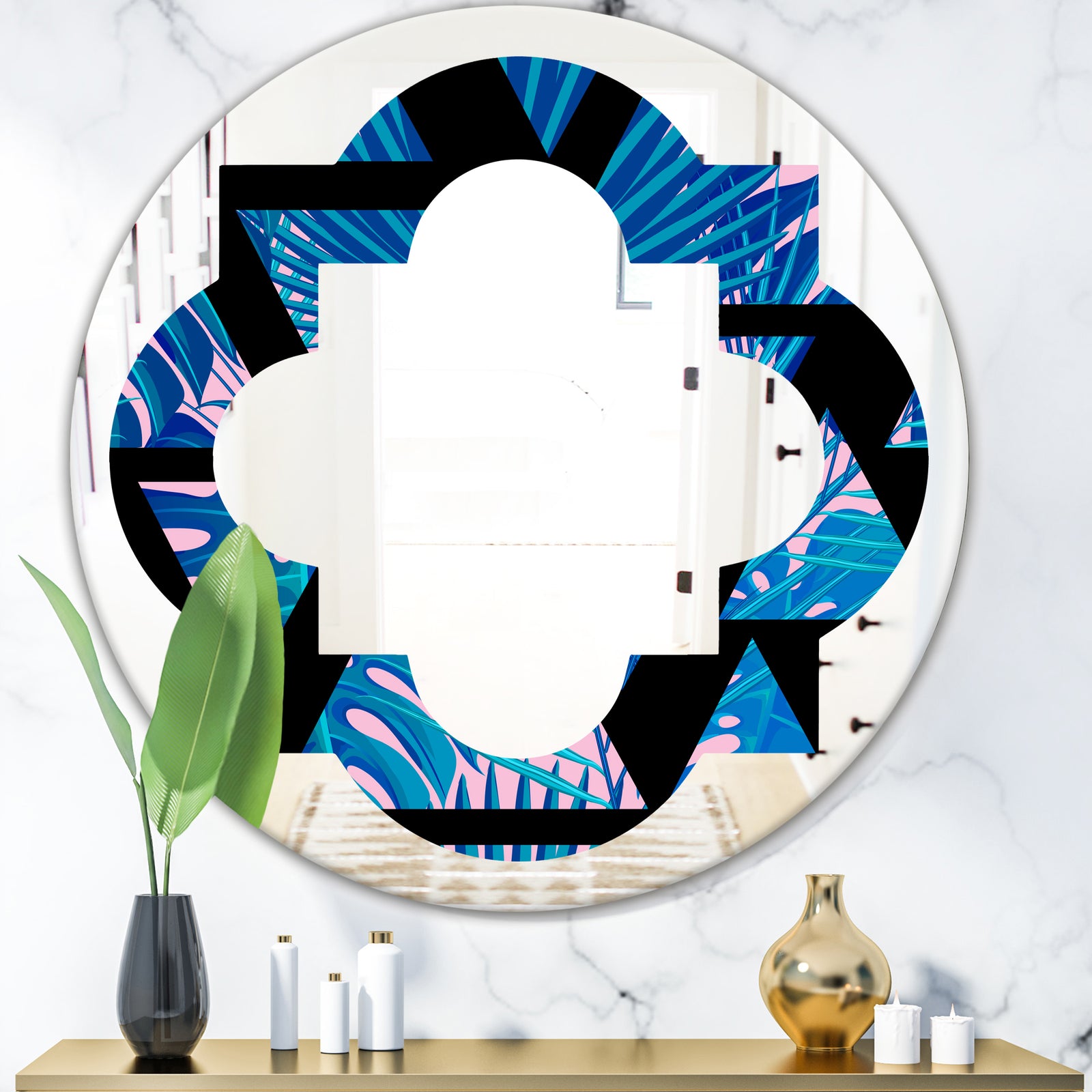 Retro Floral Pattern XIV - Modern Round or Oval Wall Mirror - Quatrefoil