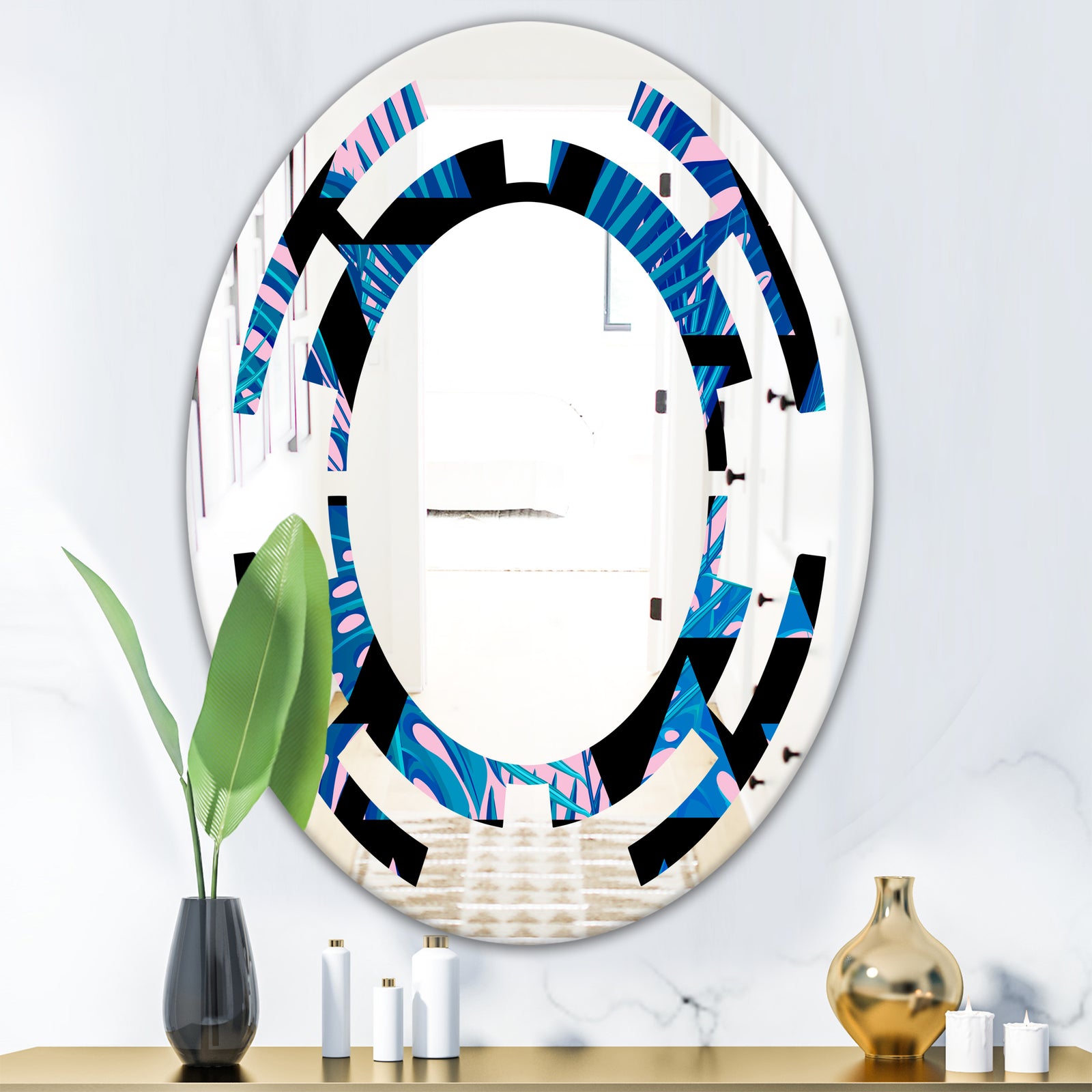 Retro Floral Pattern XIV - Modern Round or Oval Wall Mirror - Space