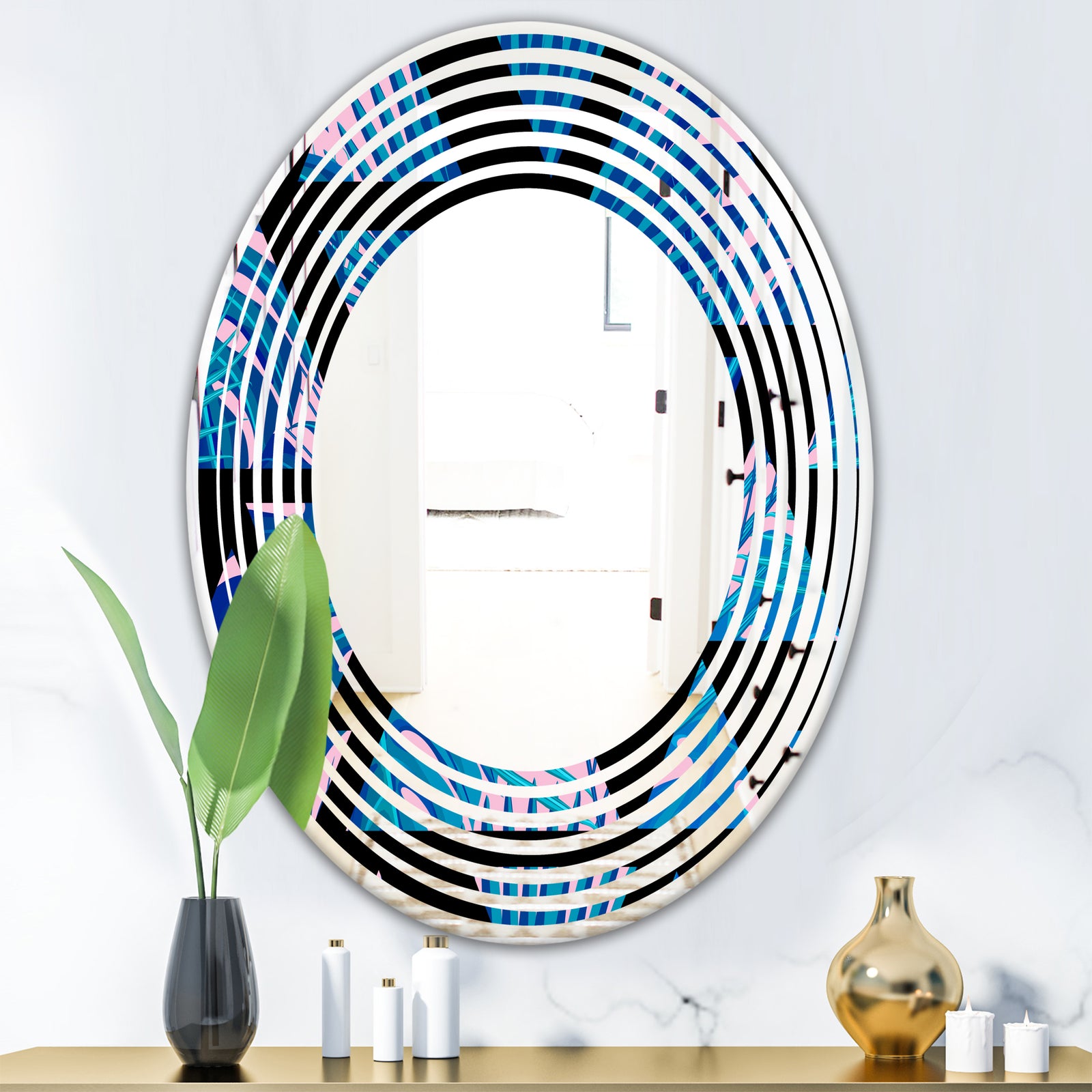 Retro Floral Pattern XIV - Modern Round or Oval Wall Mirror - Wave