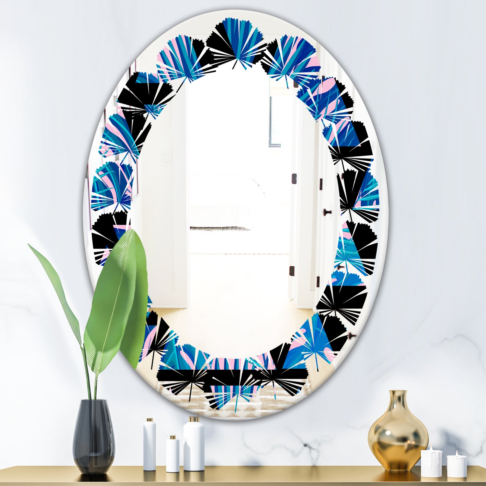 Retro Floral Pattern XIV - Modern Round or Oval Wall Mirror - Leaves