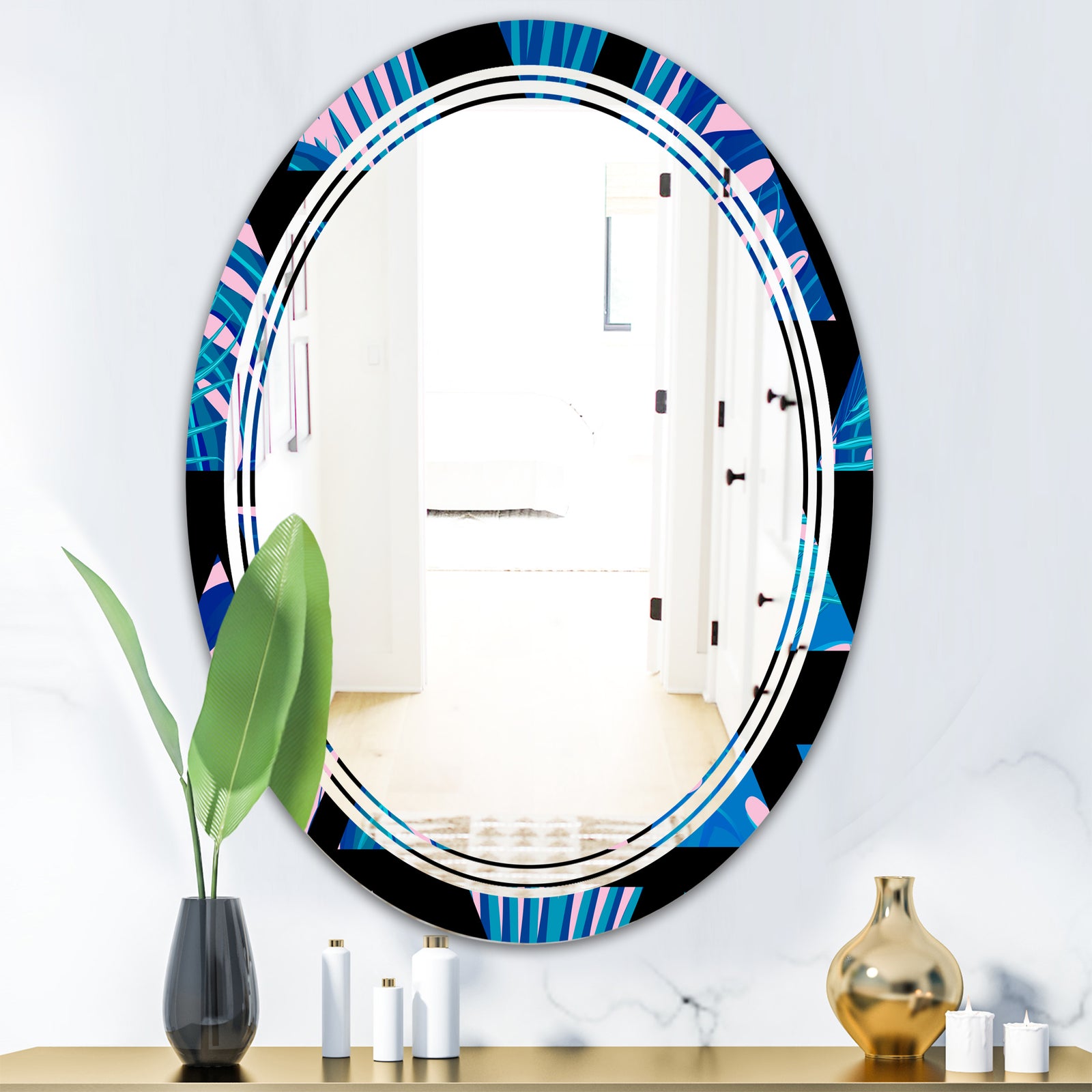 Retro Floral Pattern XIV - Modern Round or Oval Wall Mirror - Triple C