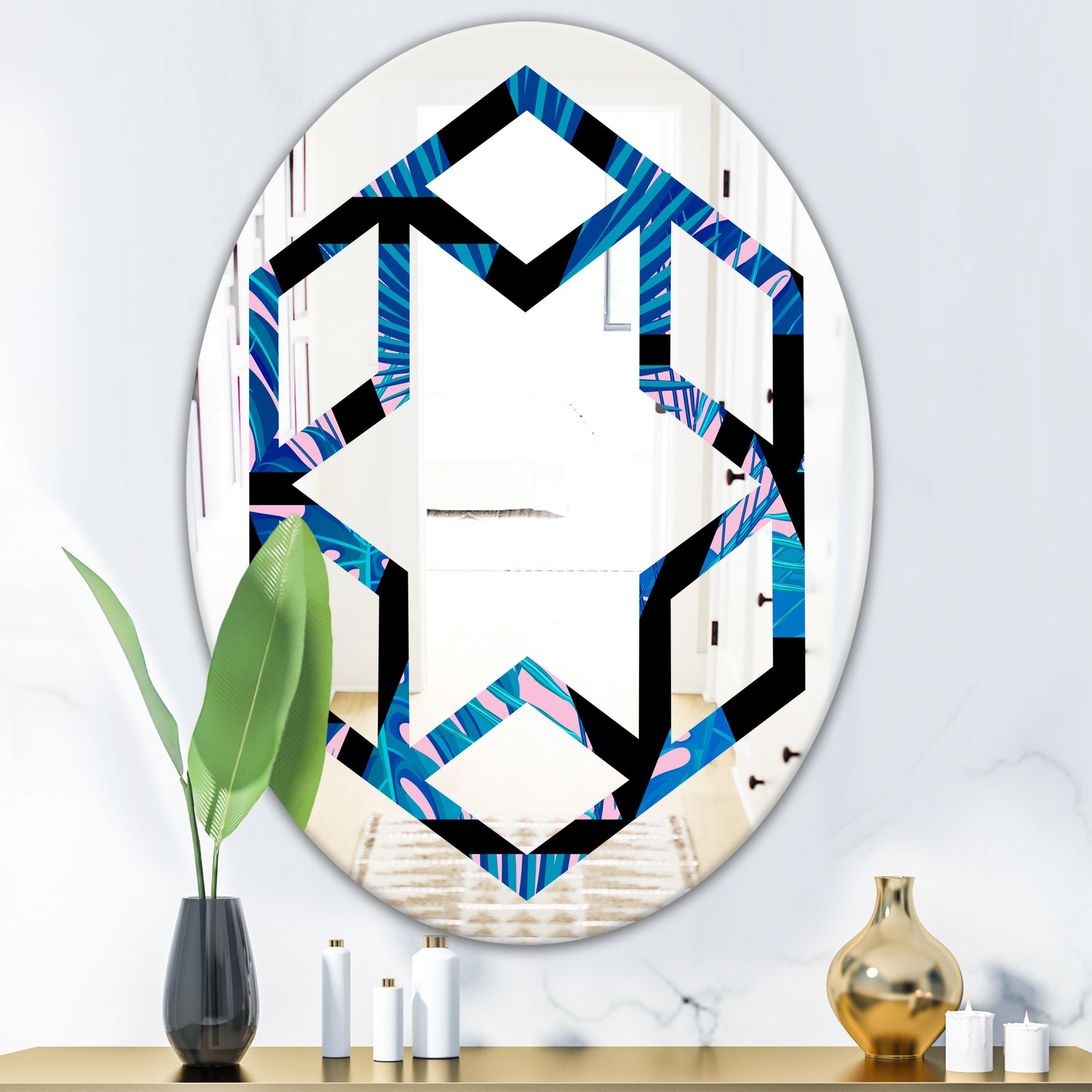 Retro Floral Pattern XIV - Modern Round or Oval Wall Mirror - Hexagon Star
