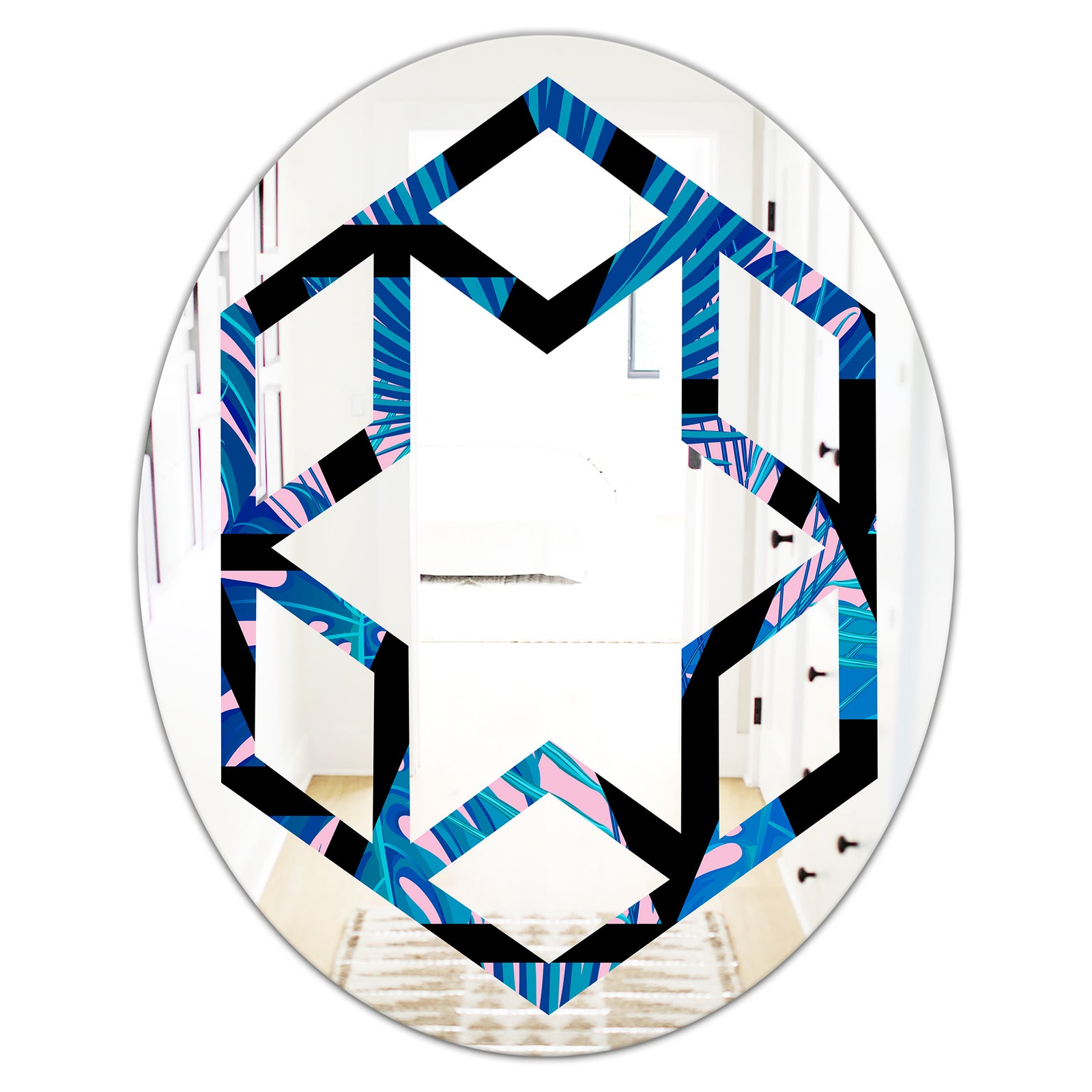 Retro Floral Pattern XIV - Modern Round or Oval Wall Mirror - Hexagon Star