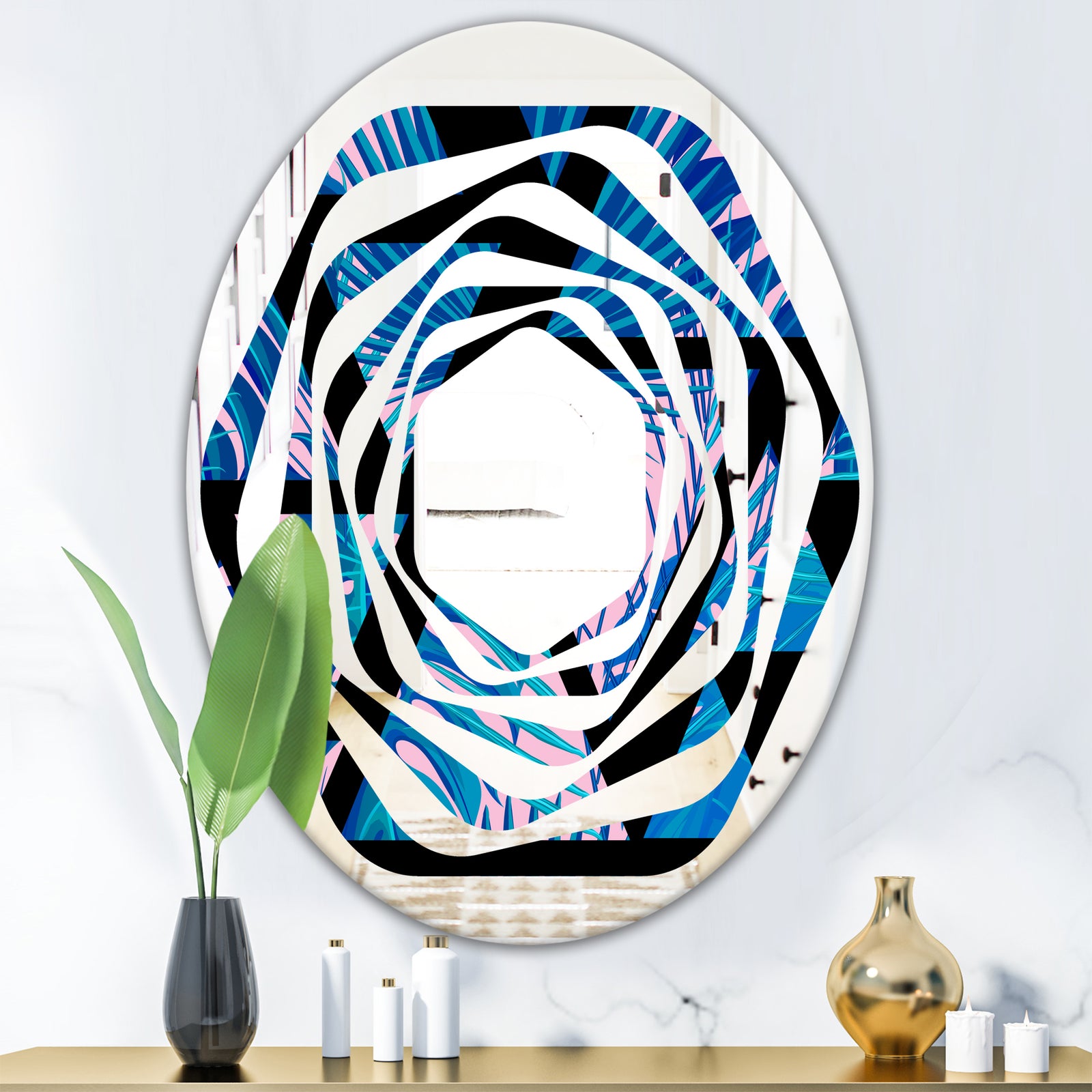 Retro Floral Pattern XIV - Modern Round or Oval Wall Mirror - Whirl