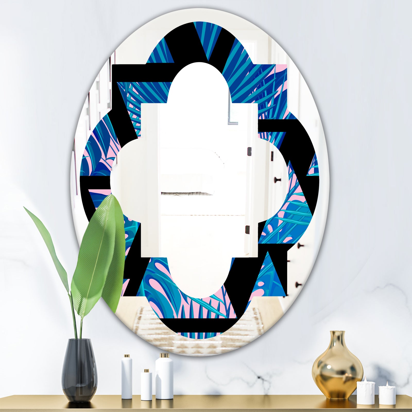 Retro Floral Pattern XIV - Modern Round or Oval Wall Mirror - Quatrefoil