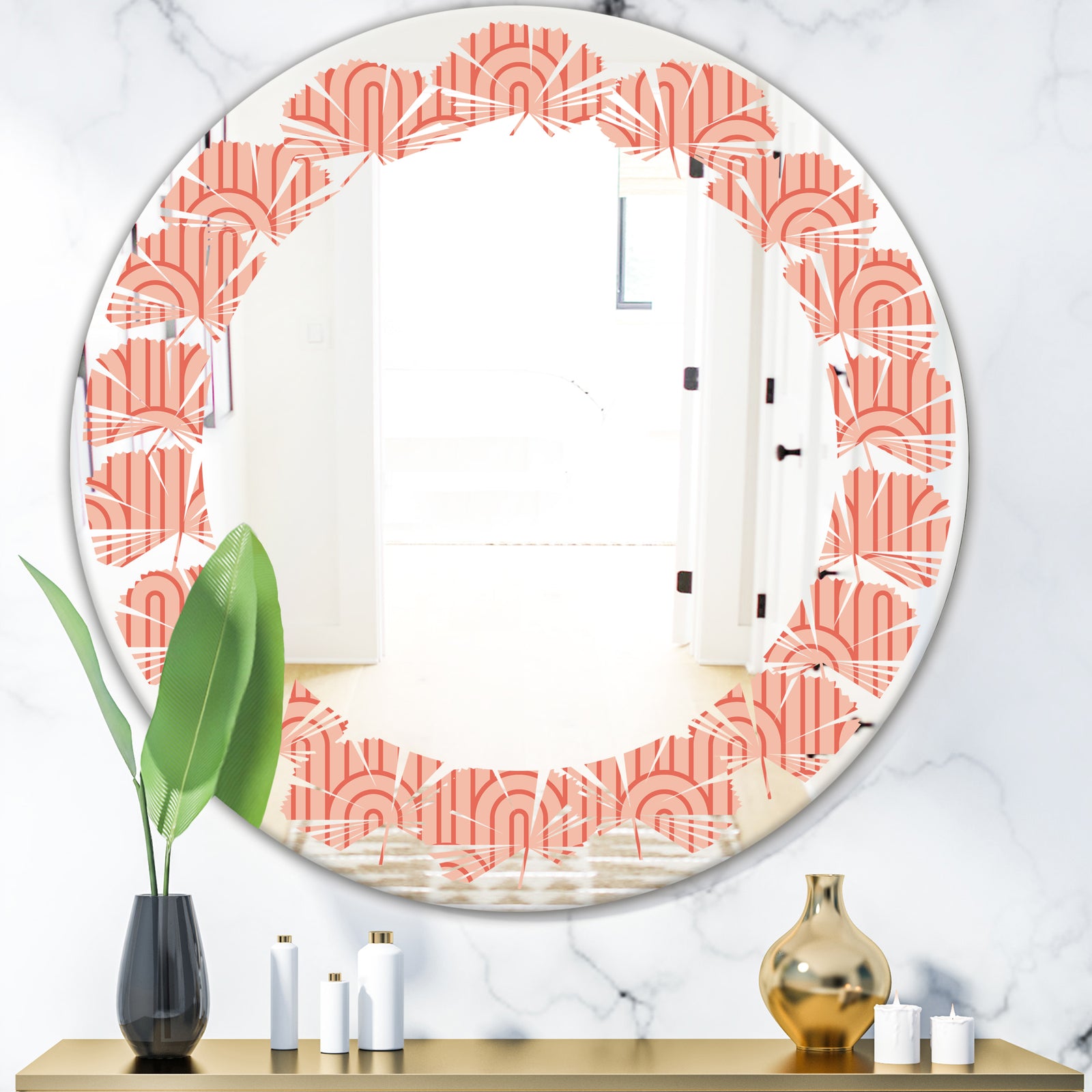 Retro Art Deco Waves II - Modern Round or Oval Wall Mirror - Leaves
