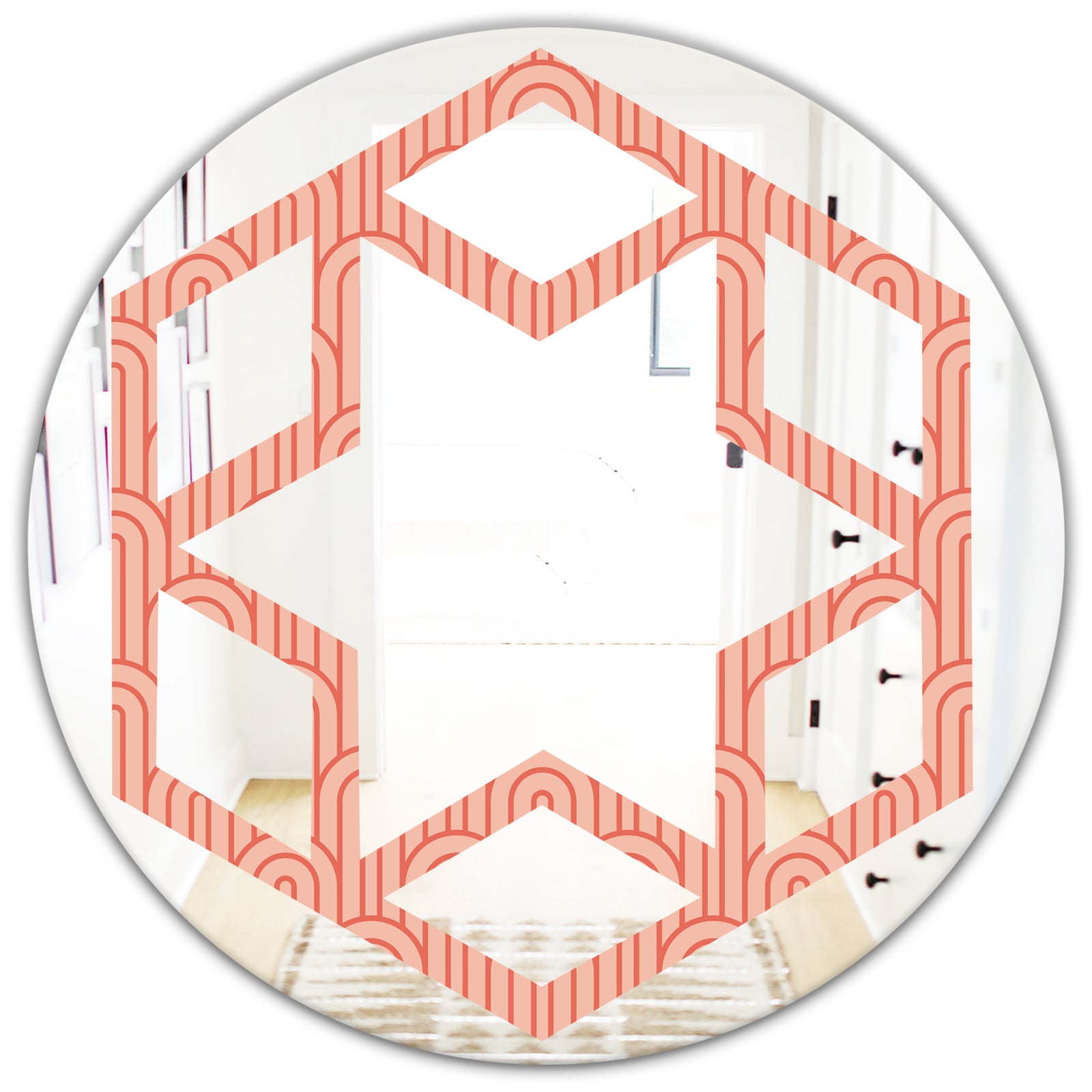 Retro Art Deco Waves II - Modern Round or Oval Wall Mirror - Hexagon Star
