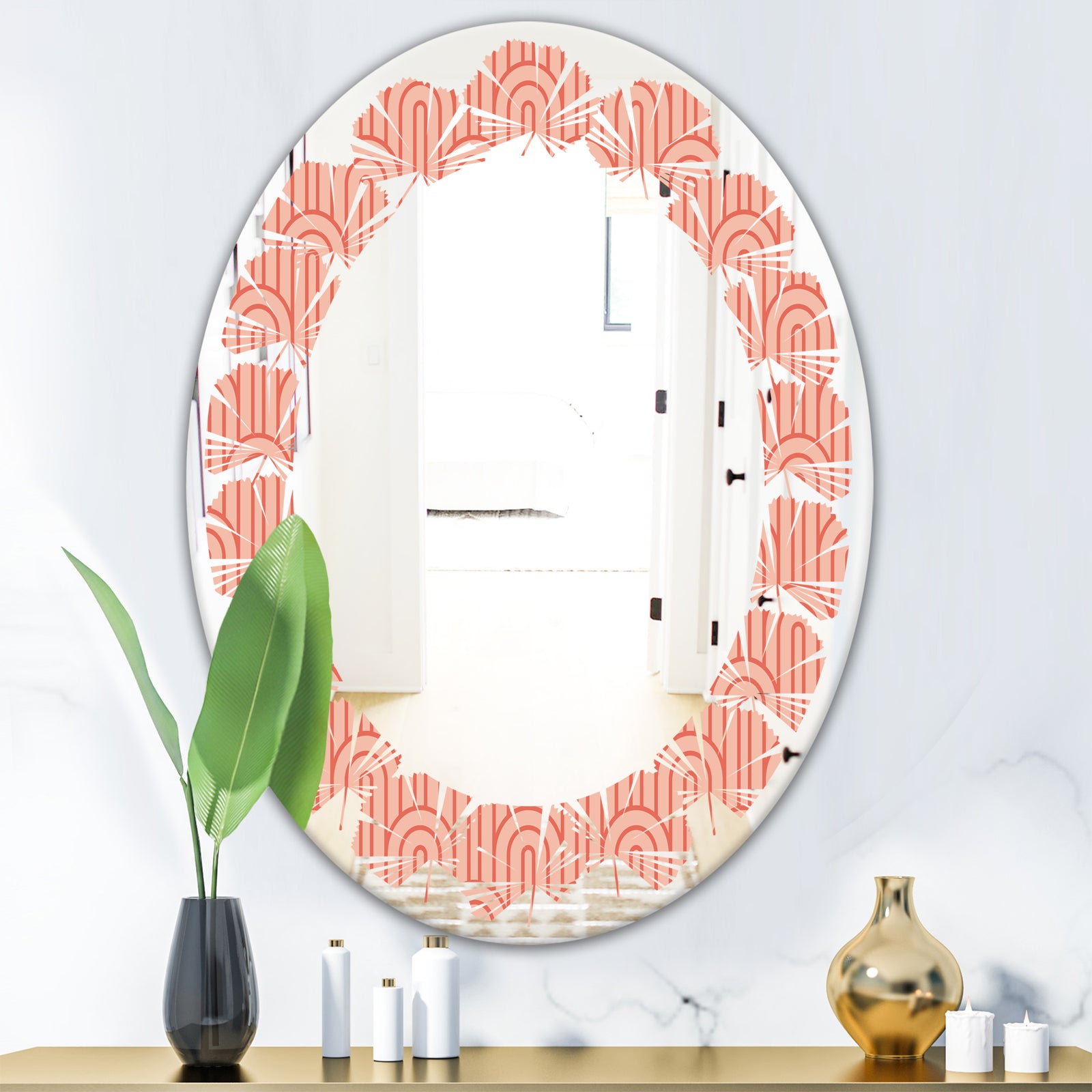 Retro Art Deco Waves II - Modern Round or Oval Wall Mirror - Leaves