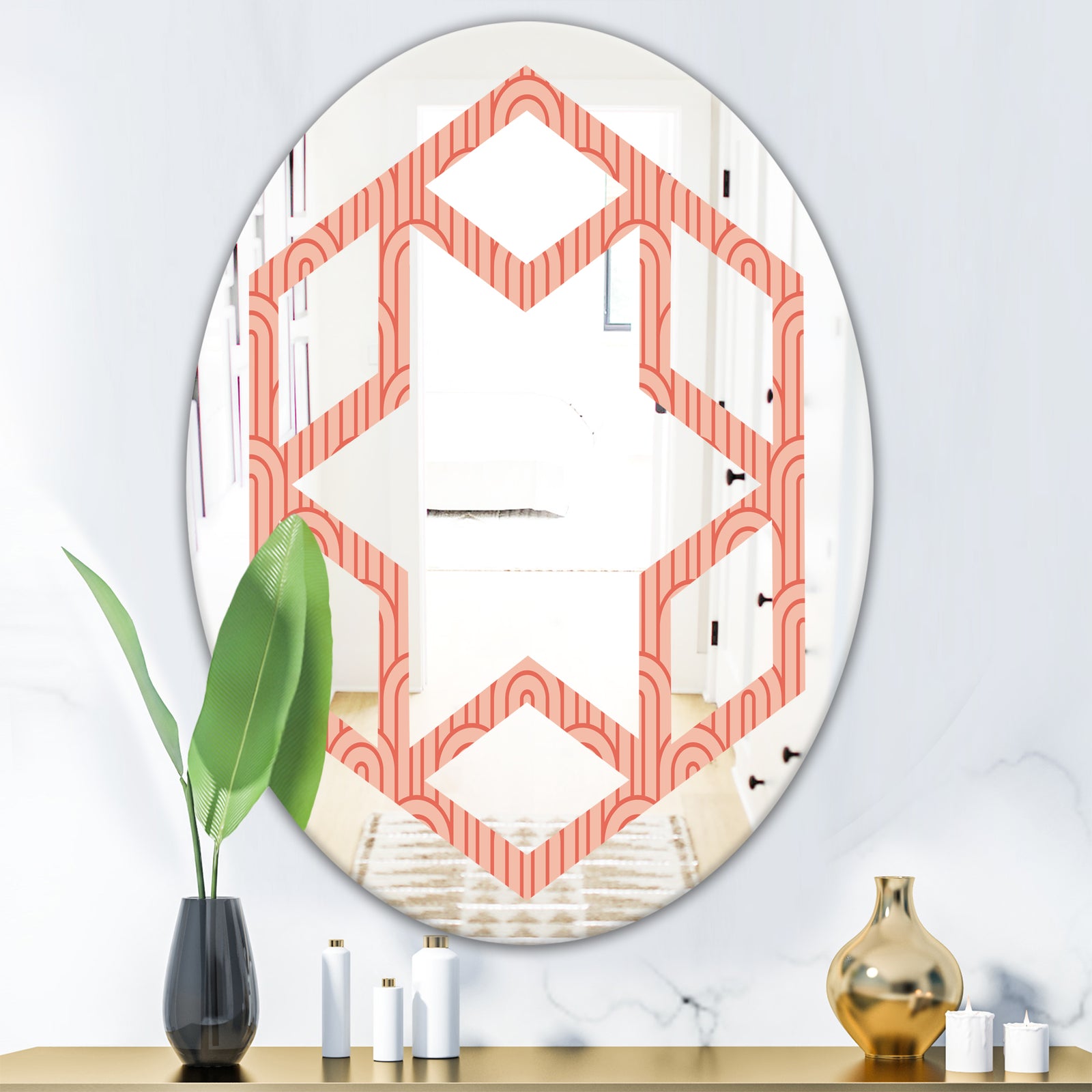 Retro Art Deco Waves II - Modern Round or Oval Wall Mirror - Hexagon Star