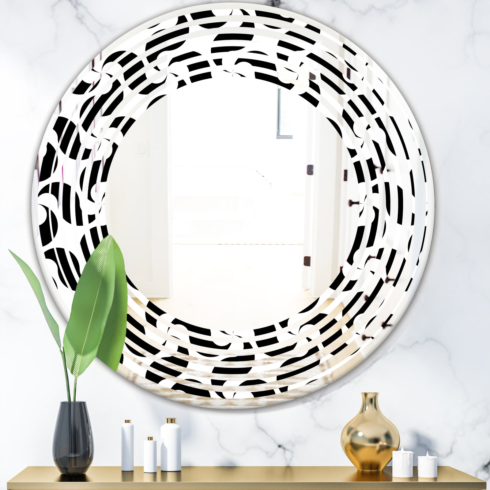 Monochrome Geometric Pattern IV - Modern Round or Oval Wall Mirror - Wave