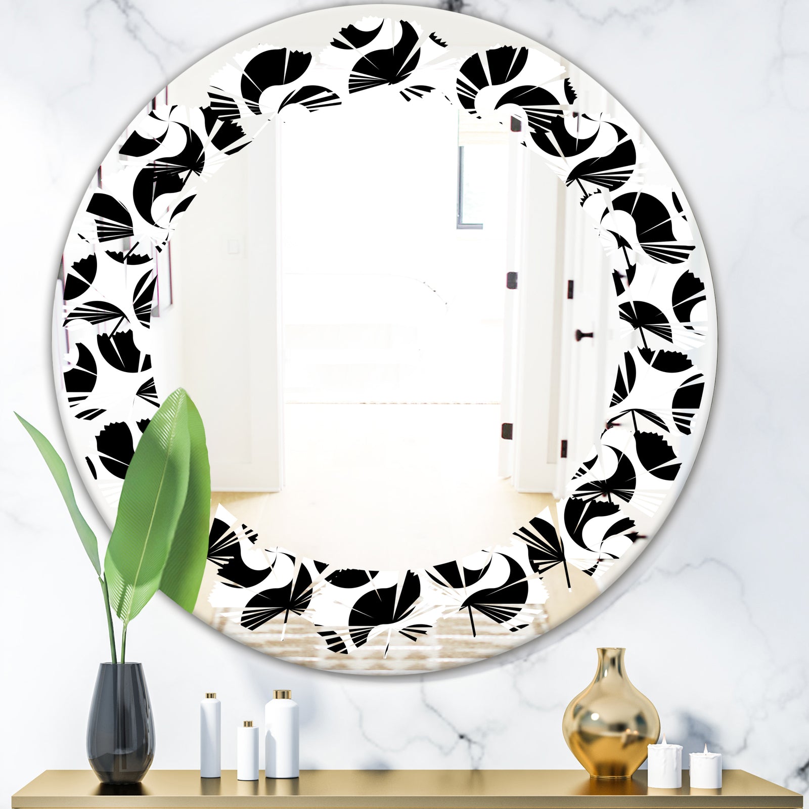 Monochrome Geometric Pattern IV - Modern Round or Oval Wall Mirror - Leaves