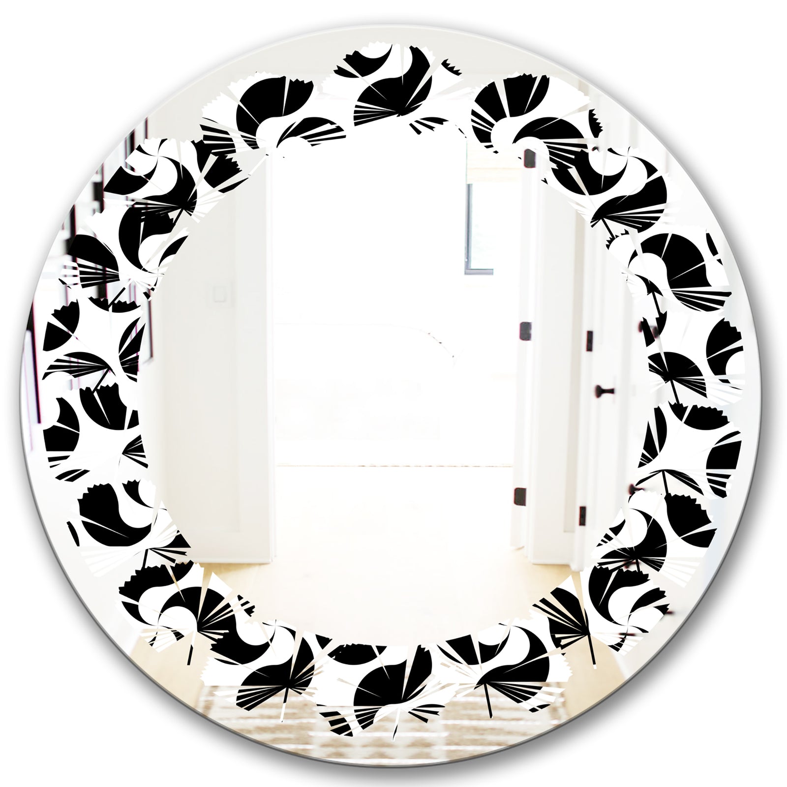 Monochrome Geometric Pattern IV - Modern Round or Oval Wall Mirror - Leaves