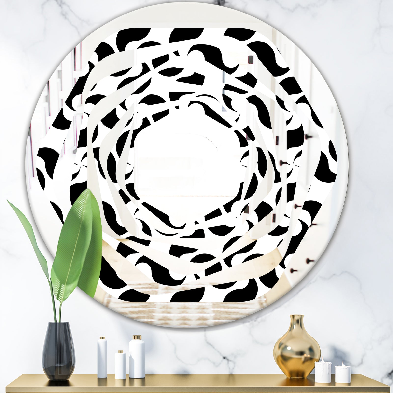 Monochrome Geometric Pattern IV - Modern Round or Oval Wall Mirror - Whirl