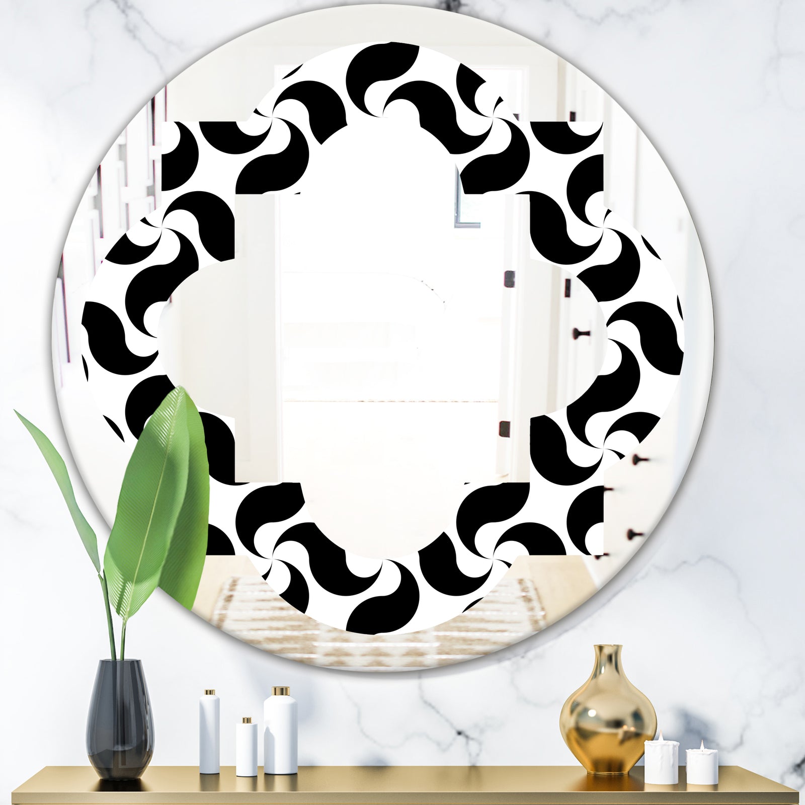Monochrome Geometric Pattern IV - Modern Round or Oval Wall Mirror - Quatrefoil
