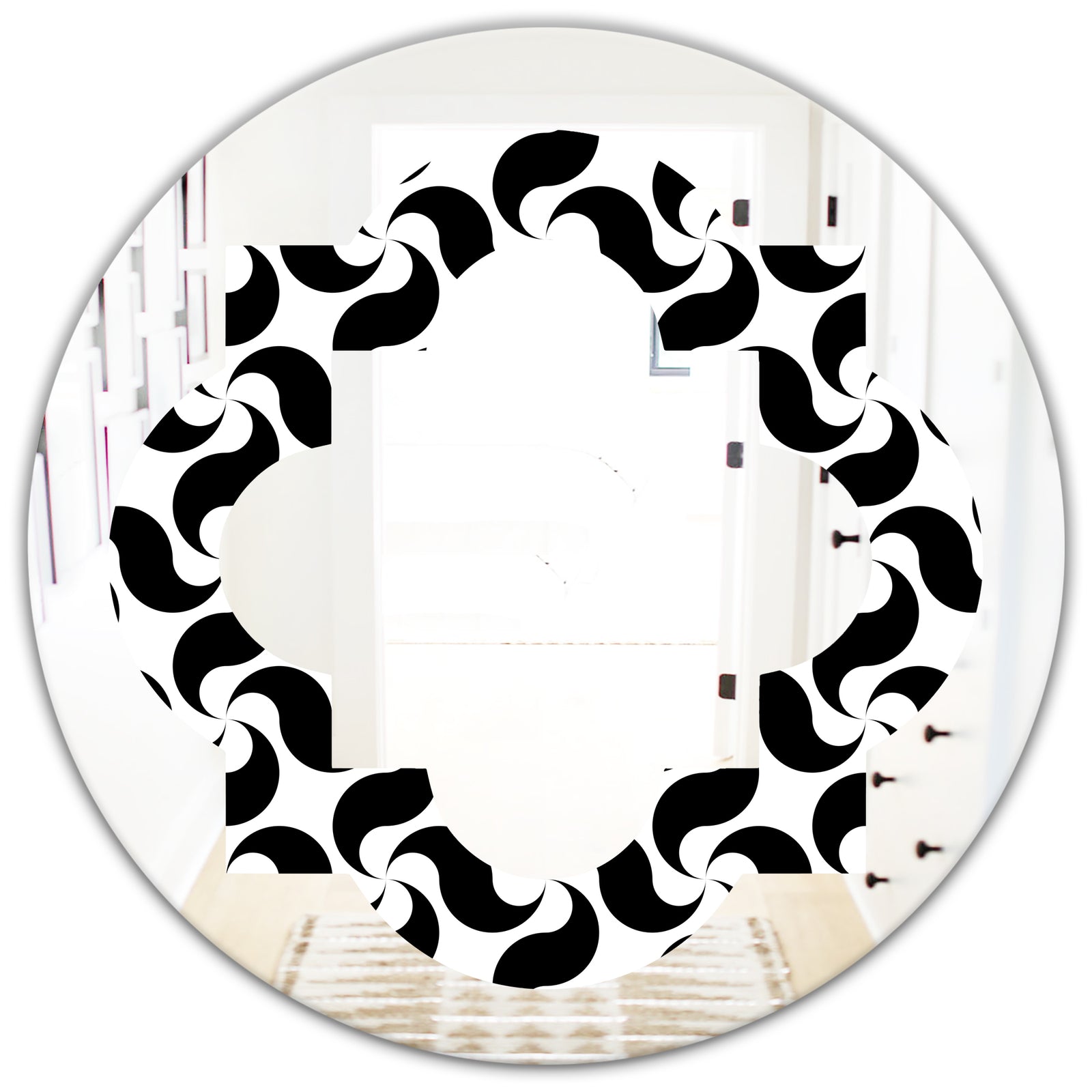 Monochrome Geometric Pattern IV - Modern Round or Oval Wall Mirror - Quatrefoil