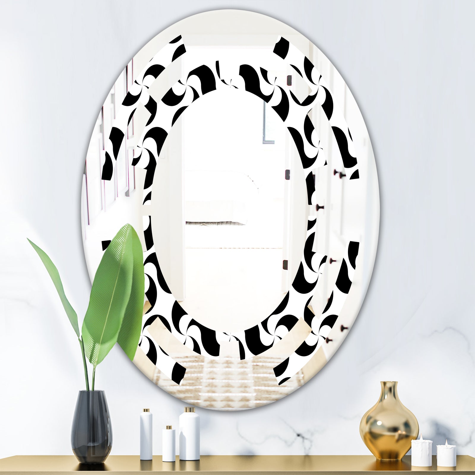 Monochrome Geometric Pattern IV - Modern Round or Oval Wall Mirror - Space