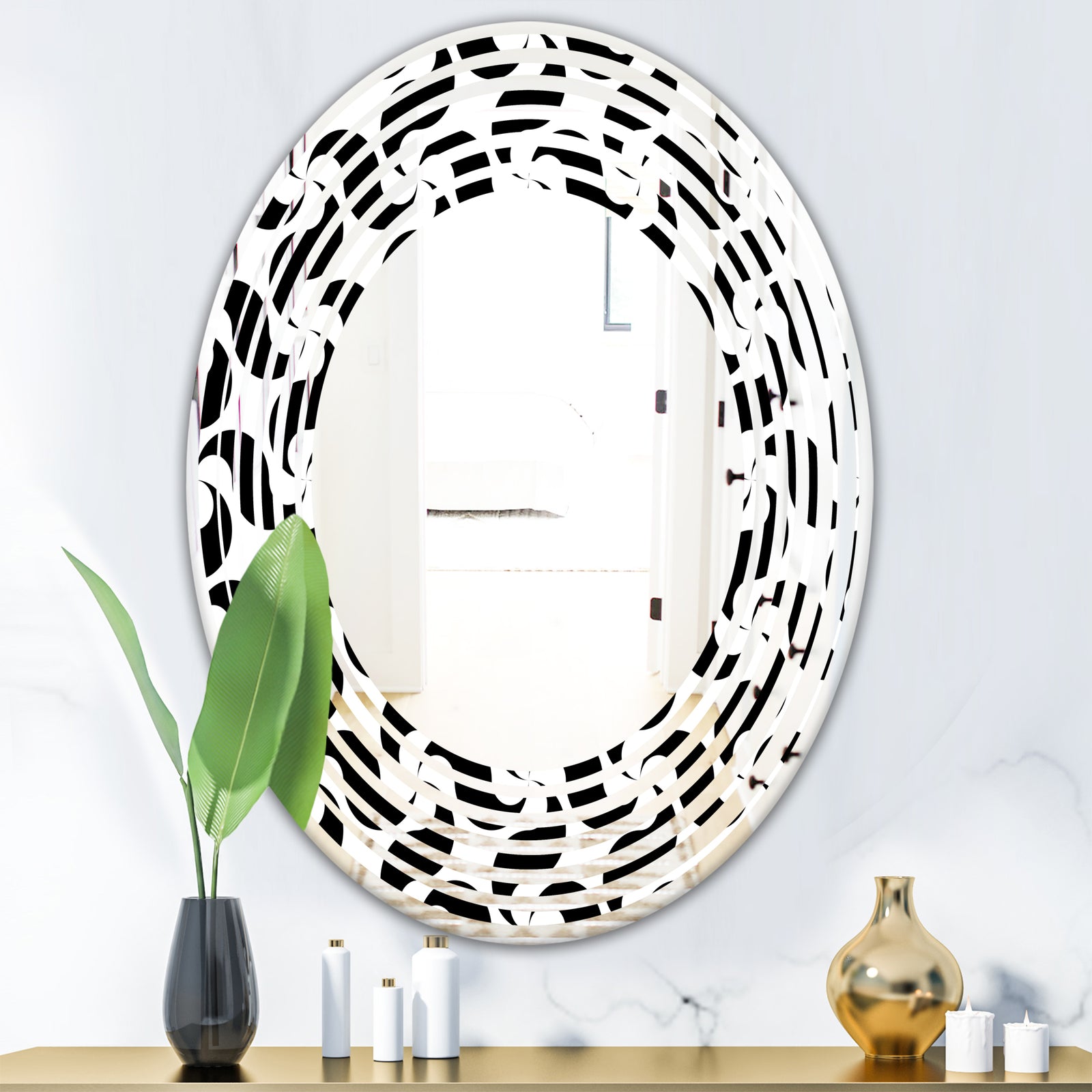 Monochrome Geometric Pattern IV - Modern Round or Oval Wall Mirror - Wave
